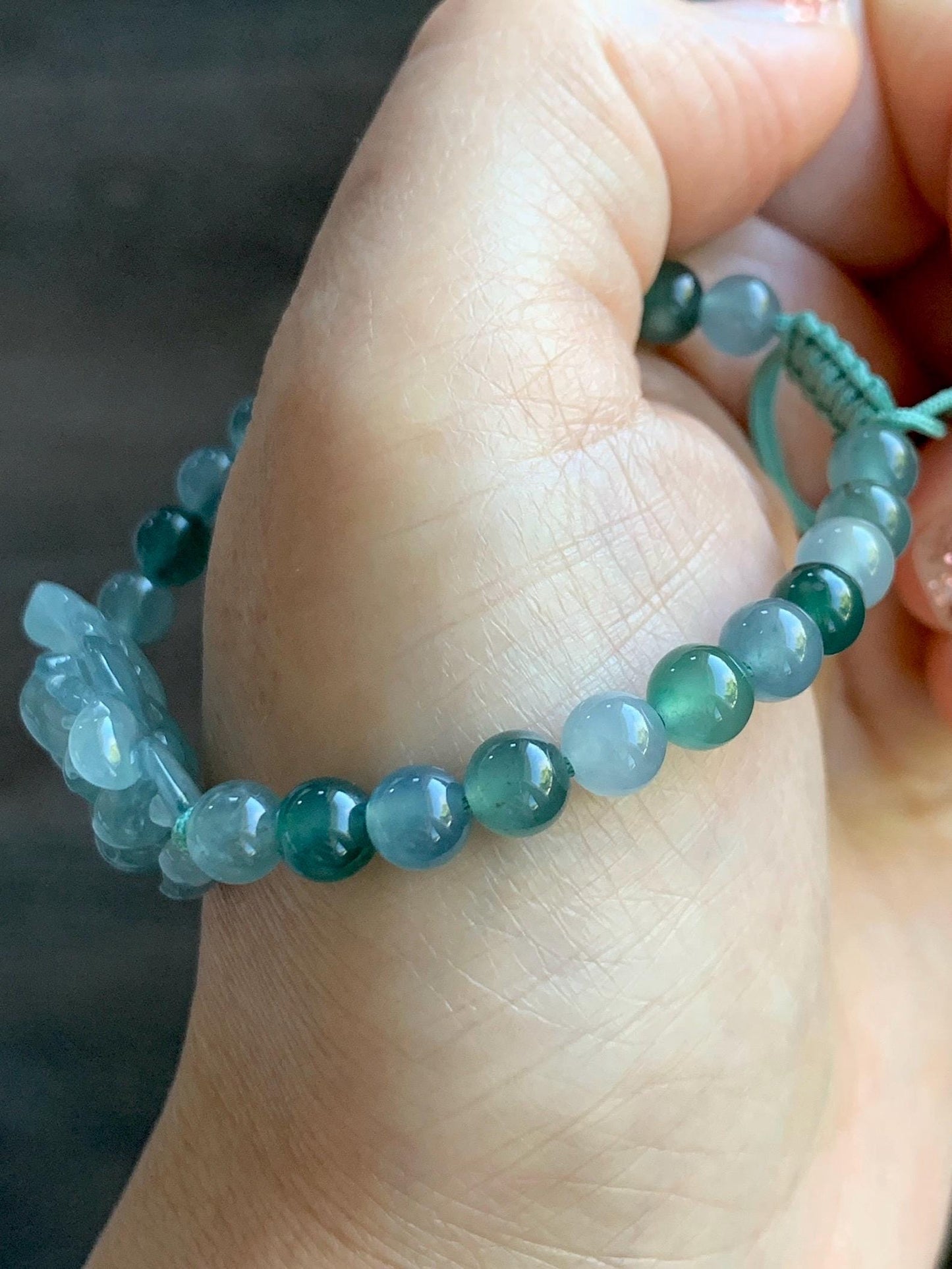 Natural Grade A Guatemalan Icy Translucent Light Teal Jadeite Double Lotus Flower Multicolored Beaded Bracelet 6.75” 天然冰胶危蓝翡翠双莲花圆珠手串 QWL289