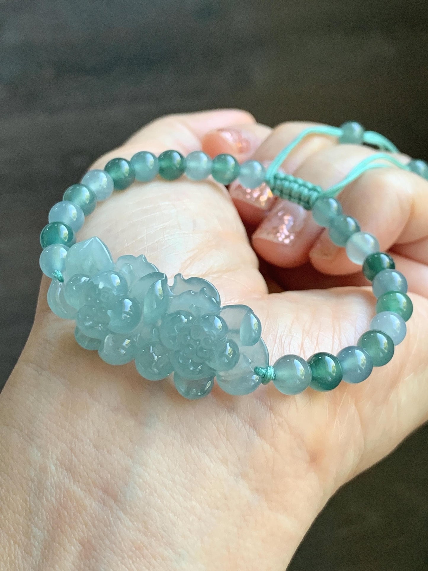 Natural Grade A Guatemalan Icy Translucent Light Teal Jadeite Double Lotus Flower Multicolored Beaded Bracelet 6.75” 天然冰胶危蓝翡翠双莲花圆珠手串 QWL289