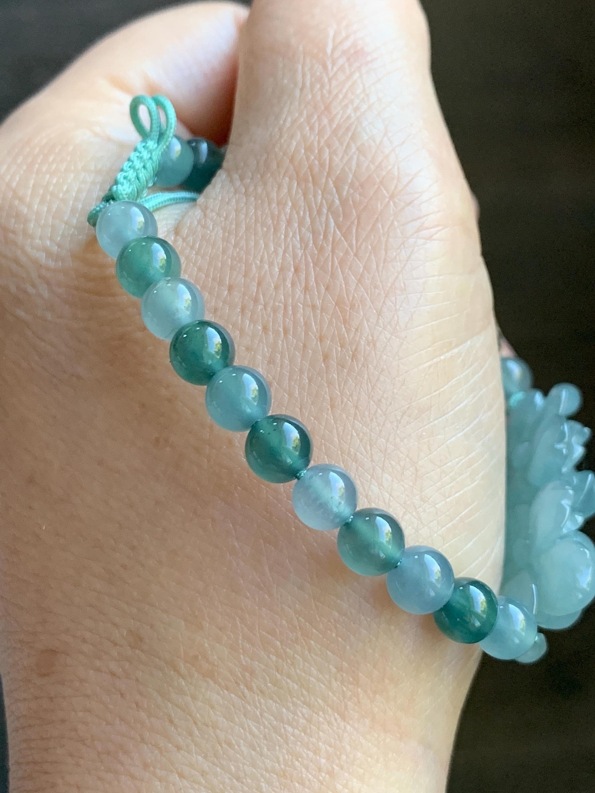 Natural Grade A Guatemalan Icy Translucent Light Teal Jadeite Double Lotus Flower Multicolored Beaded Bracelet 6.75” 天然冰胶危蓝翡翠双莲花圆珠手串 QWL289