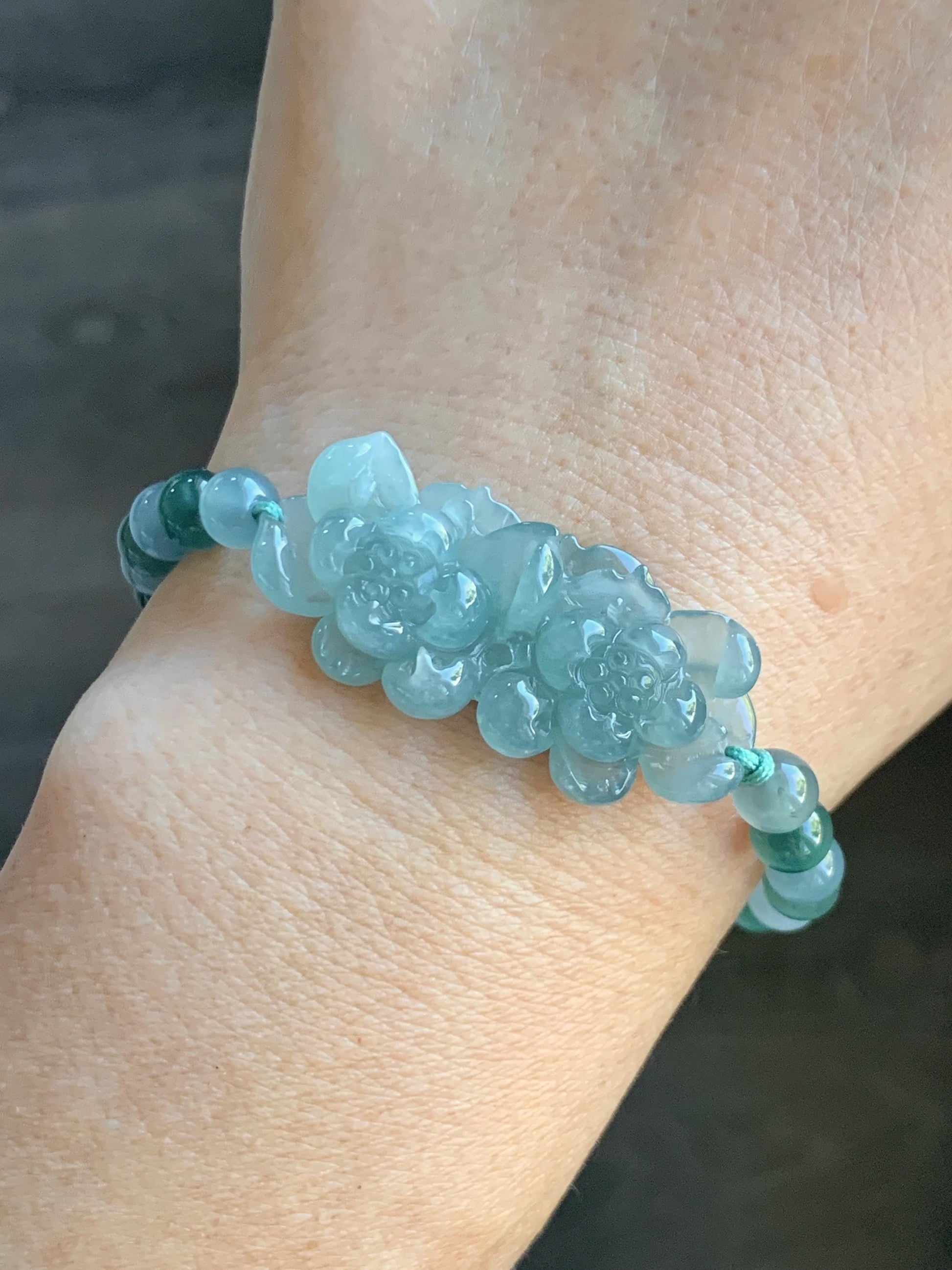 Natural Grade A Guatemalan Icy Translucent Light Teal Jadeite Double Lotus Flower Multicolored Beaded Bracelet 6.75” 天然冰胶危蓝翡翠双莲花圆珠手串 QWL289