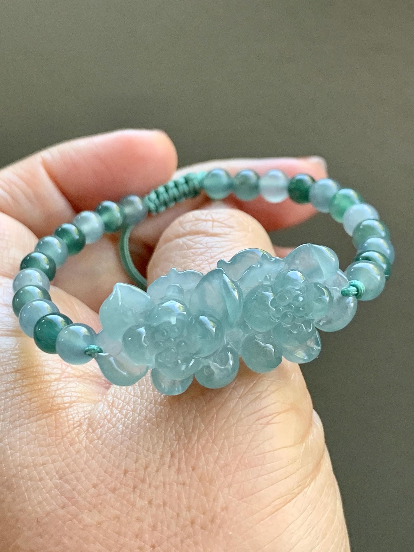 Natural Grade A Guatemalan Icy Translucent Light Teal Jadeite Double Lotus Flower Multicolored Beaded Bracelet 6.75” 天然冰胶危蓝翡翠双莲花圆珠手串 QWL289