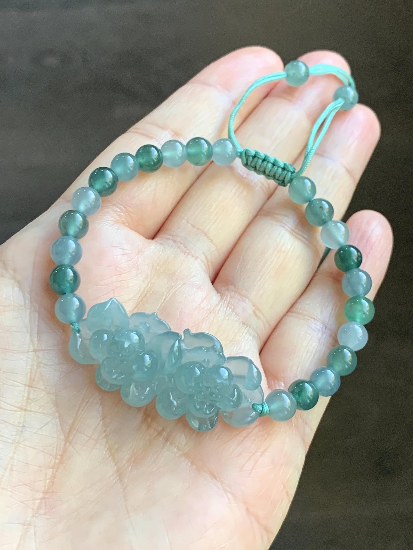 Natural Grade A Guatemalan Icy Translucent Light Teal Jadeite Double Lotus Flower Multicolored Beaded Bracelet 6.75” 天然冰胶危蓝翡翠双莲花圆珠手串 QWL289