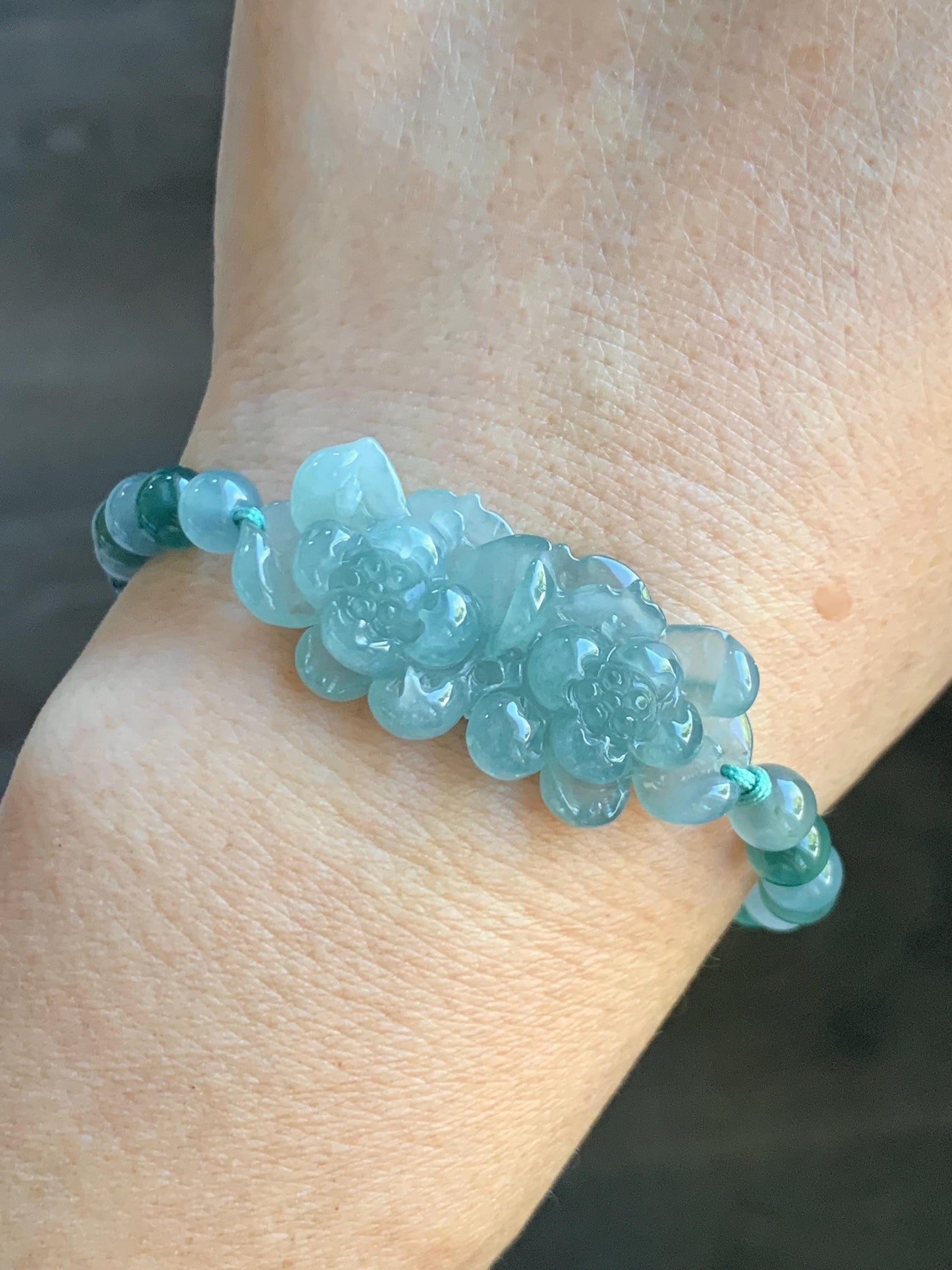 Natural Grade A Guatemalan Icy Translucent Light Teal Jadeite Double Lotus Flower Multicolored Beaded Bracelet 6.75” 天然冰胶危蓝翡翠双莲花圆珠手串 QWL289
