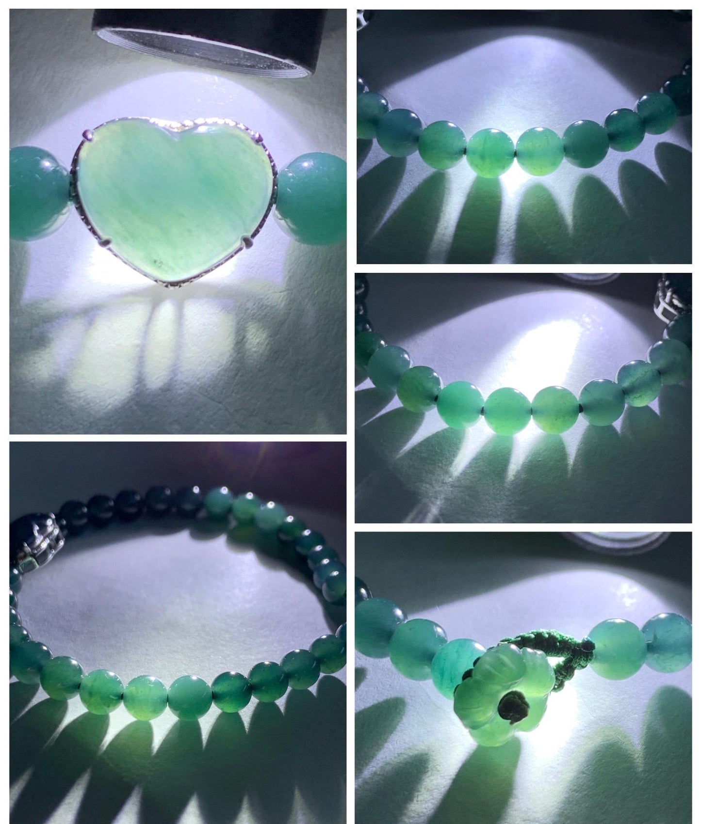 Natural Guatemalan Icy Translucent Dark Teal Blue Jade Jadeite Heart Charm Beaded Bracelet Sterling Silver 7” 天然冰危深蓝翡翠爱心潘多拉圆珠手串 WAX168