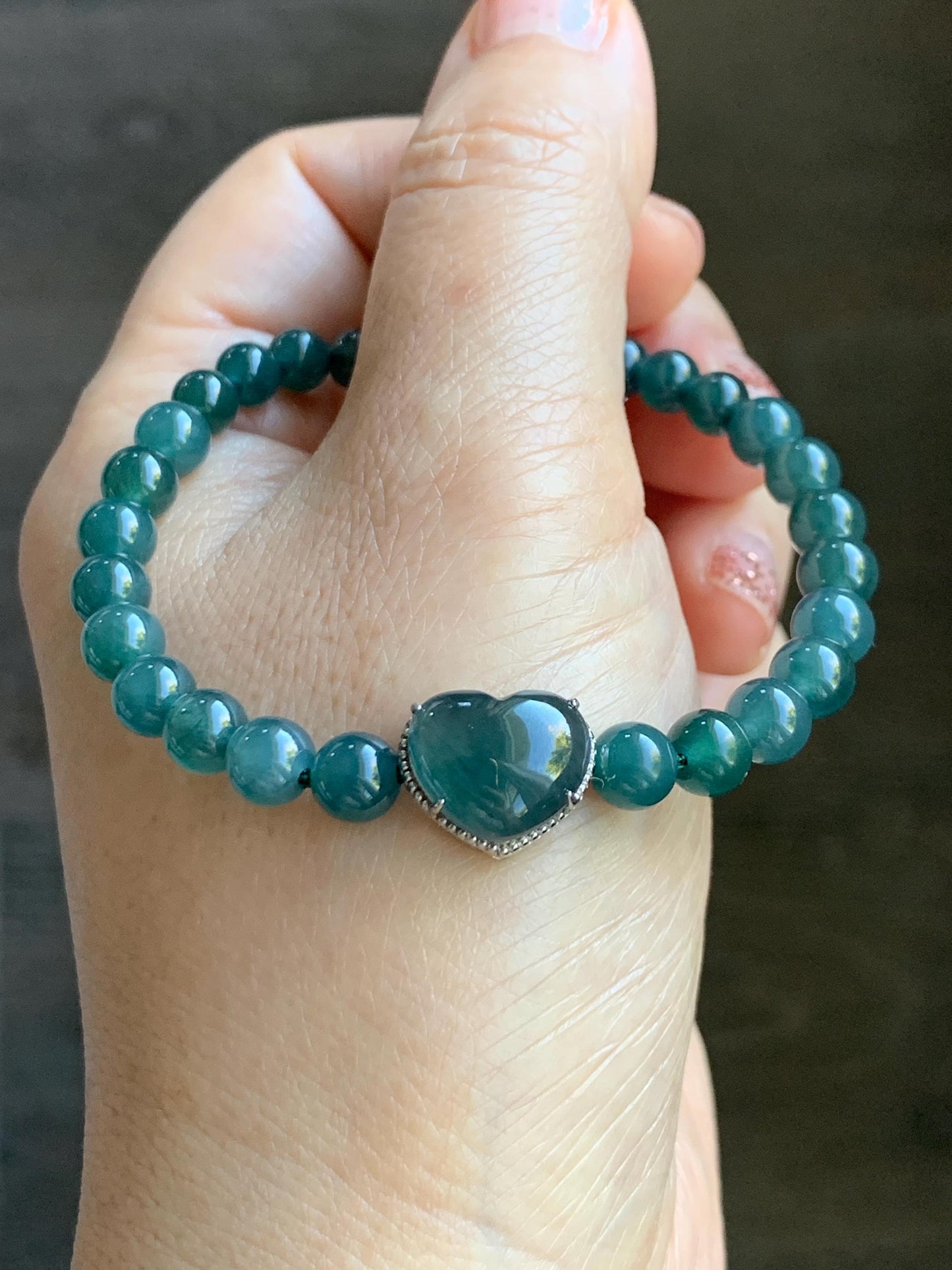 Natural Guatemalan Icy Translucent Dark Teal Blue Jade Jadeite Heart Charm Beaded Bracelet Sterling Silver 7” 天然冰危深蓝翡翠爱心潘多拉圆珠手串 WAX168