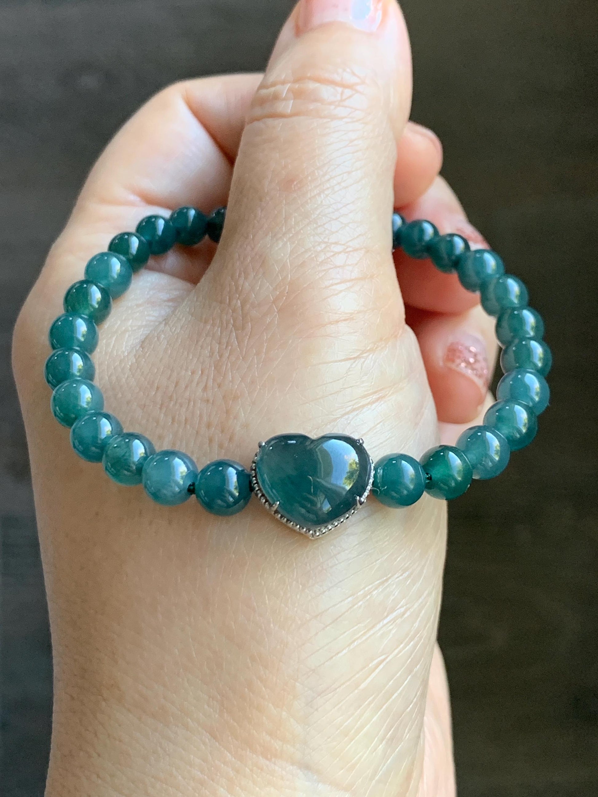 Natural Guatemalan Icy Translucent Dark Teal Blue Jade Jadeite Heart Charm Beaded Bracelet Sterling Silver 7” 天然冰危深蓝翡翠爱心潘多拉圆珠手串 WAX168