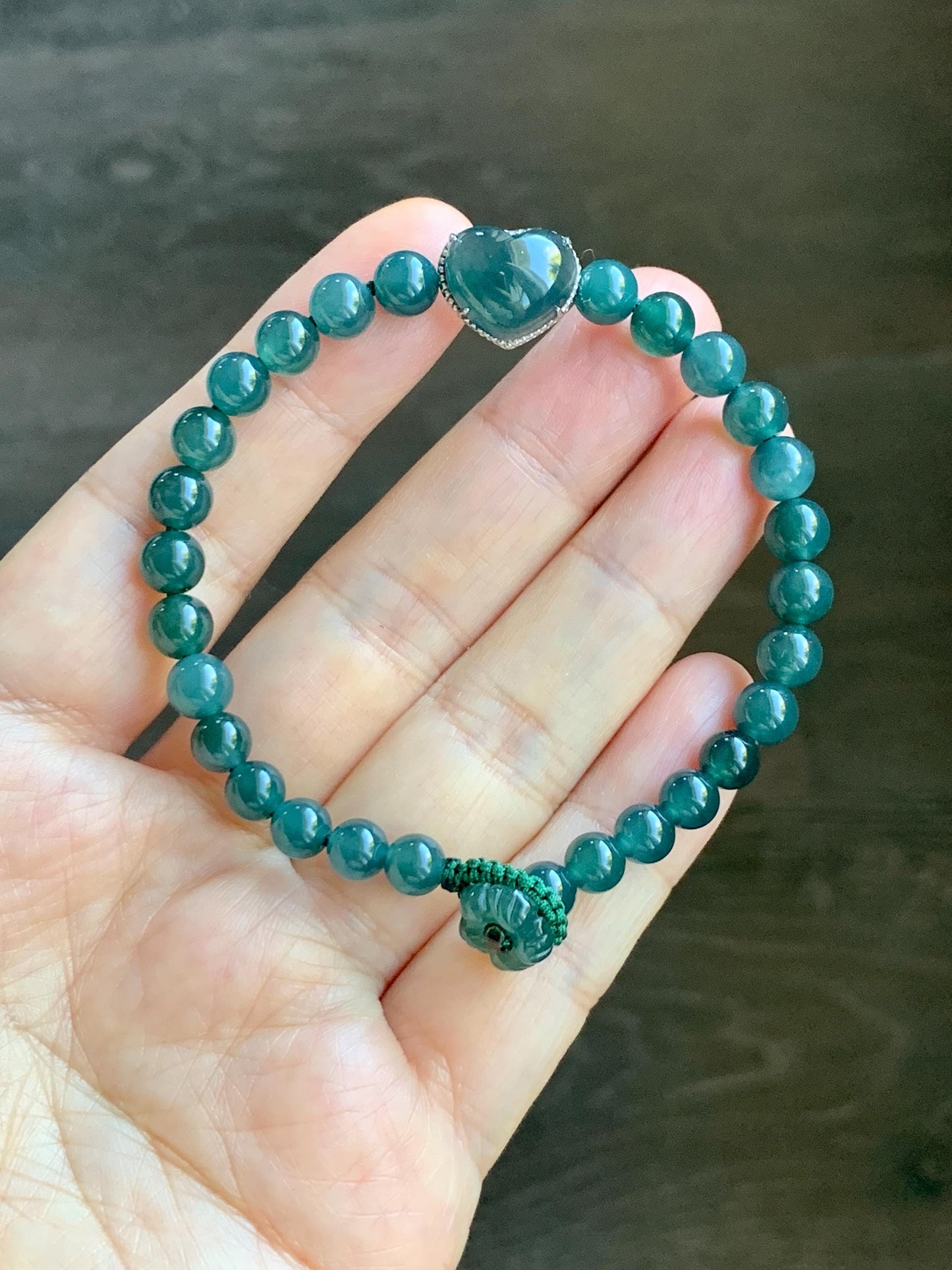 Natural Guatemalan Icy Translucent Dark Teal Blue Jade Jadeite Heart Charm Beaded Bracelet Sterling Silver 7” 天然冰危深蓝翡翠爱心潘多拉圆珠手串 WAX168