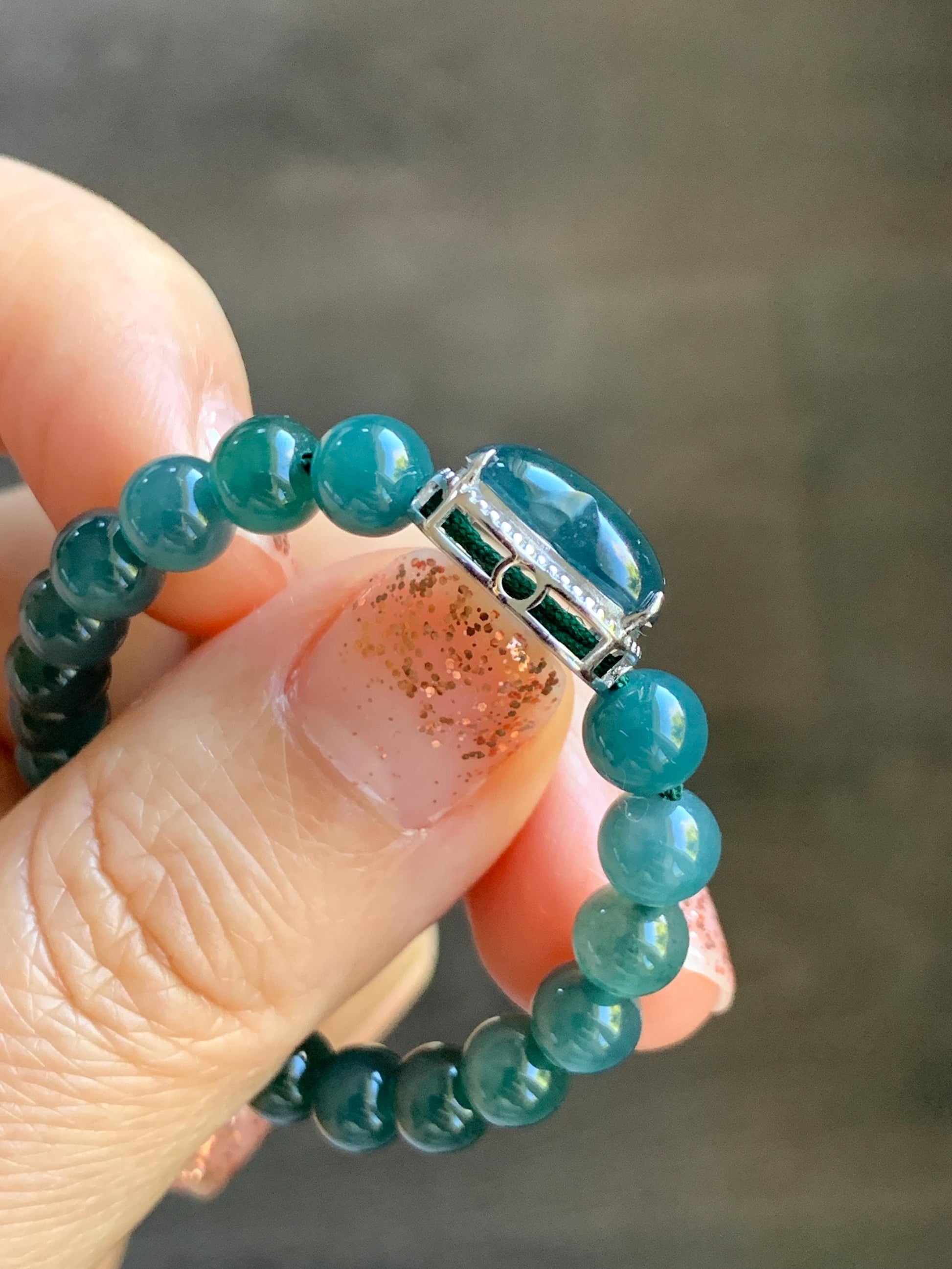 Natural Guatemalan Icy Translucent Dark Teal Blue Jade Jadeite Heart Charm Beaded Bracelet Sterling Silver 7” 天然冰危深蓝翡翠爱心潘多拉圆珠手串 WAX168