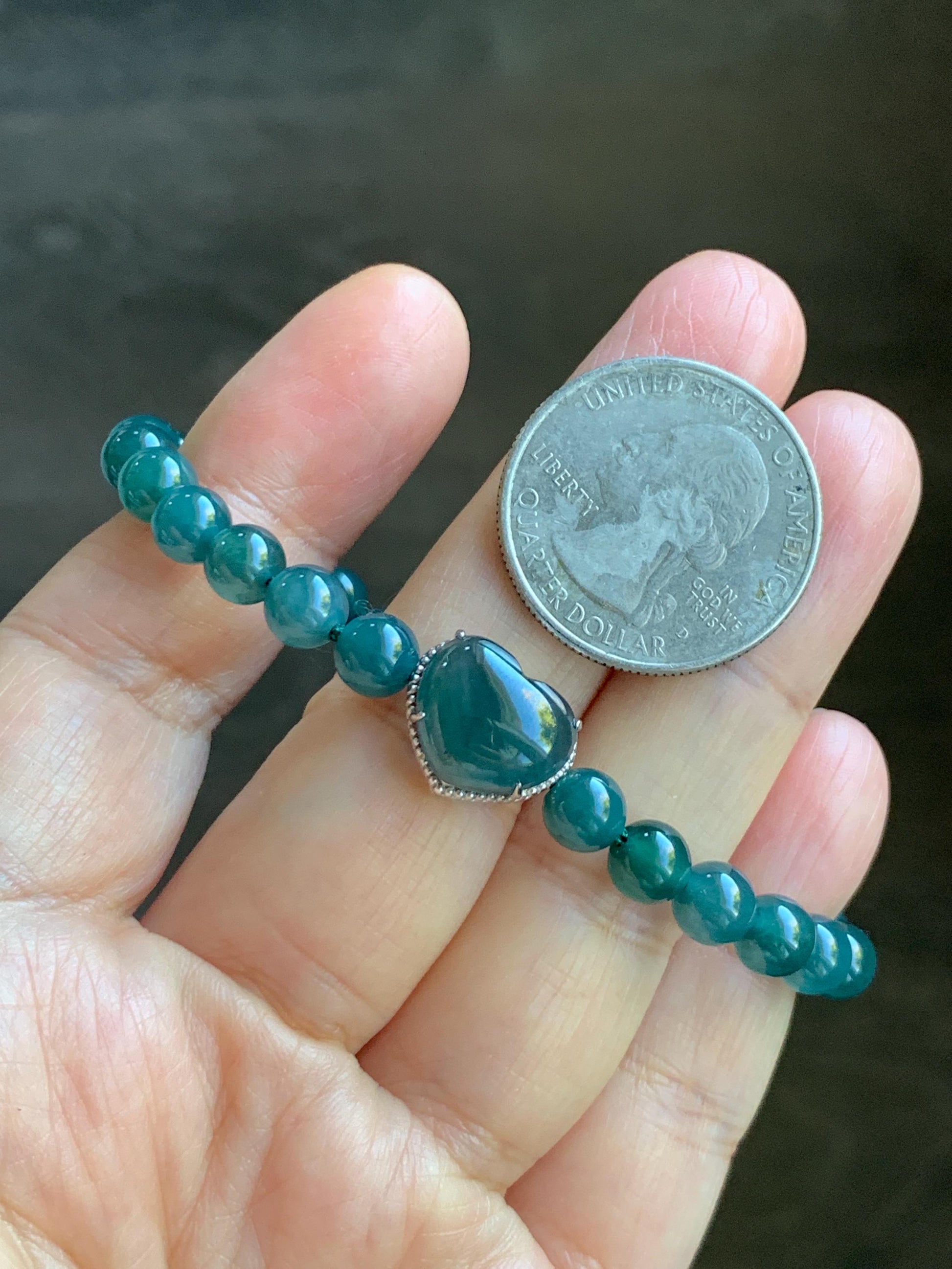 Natural Guatemalan Icy Translucent Dark Teal Blue Jade Jadeite Heart Charm Beaded Bracelet Sterling Silver 7” 天然冰危深蓝翡翠爱心潘多拉圆珠手串 WAX168