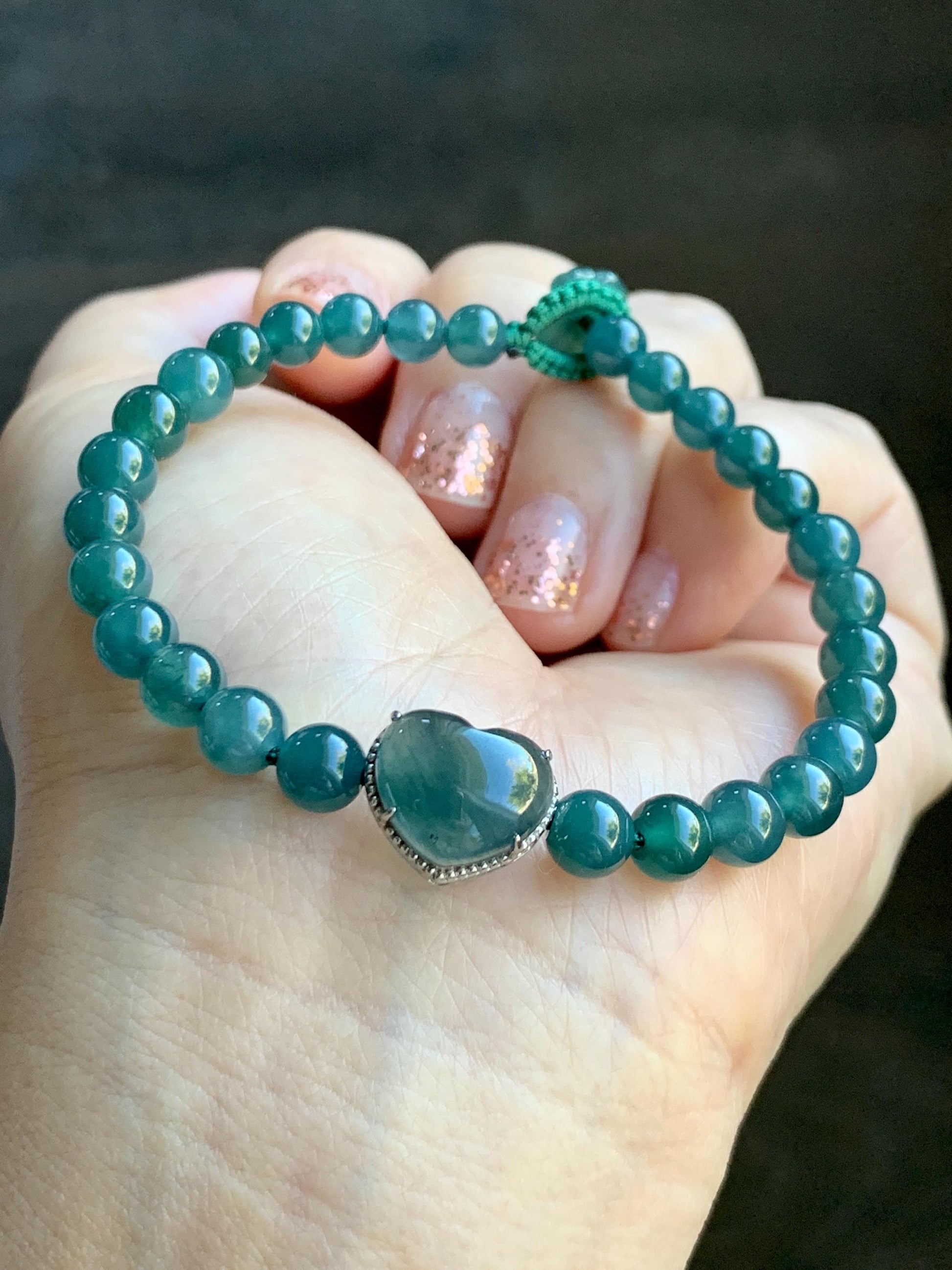 Natural Guatemalan Icy Translucent Dark Teal Blue Jade Jadeite Heart Charm Beaded Bracelet Sterling Silver 7” 天然冰危深蓝翡翠爱心潘多拉圆珠手串 WAX168