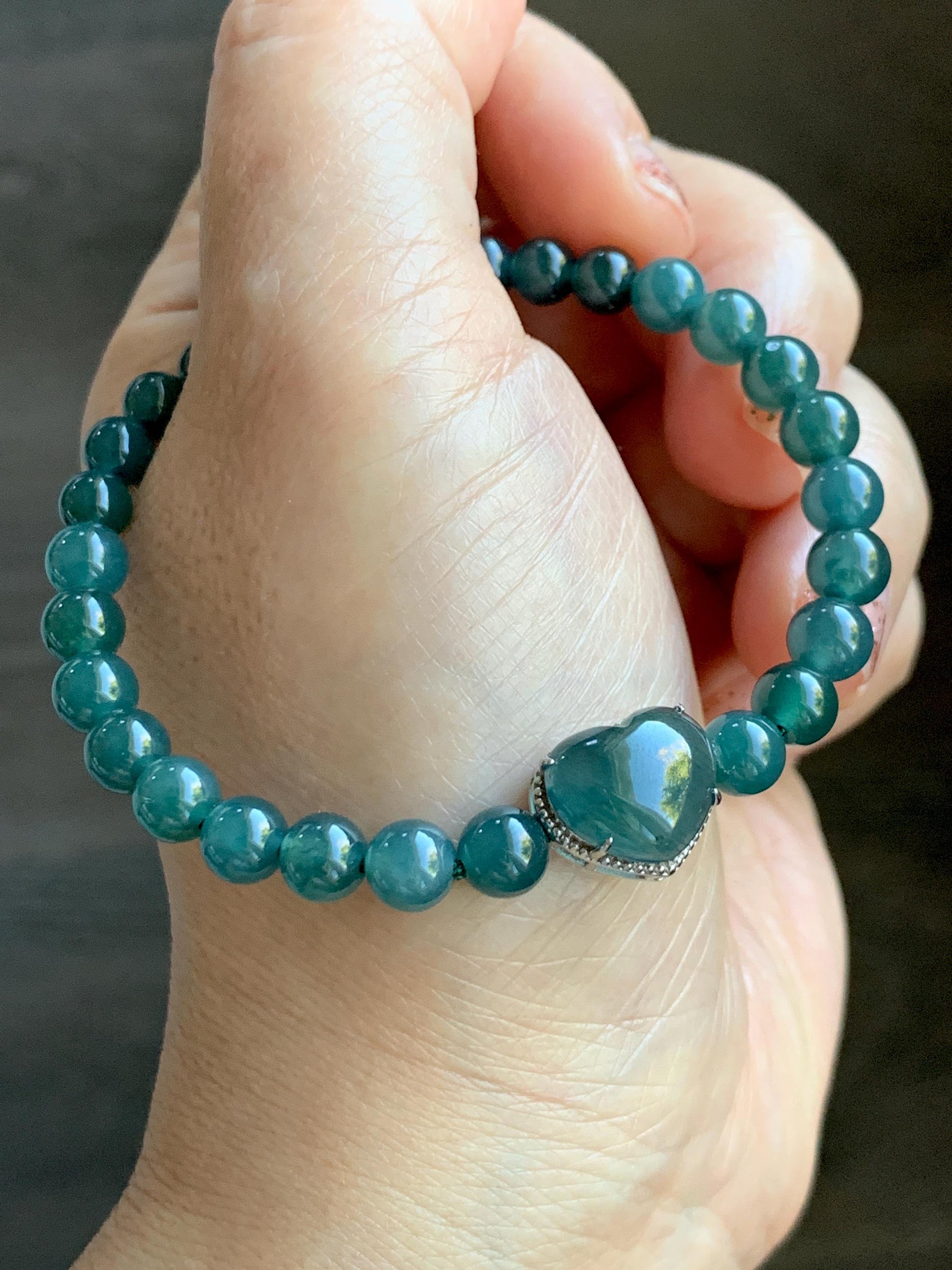 Natural Guatemalan Icy Translucent Dark Teal Blue Jade Jadeite Heart Charm Beaded Bracelet Sterling Silver 7” 天然冰危深蓝翡翠爱心潘多拉圆珠手串 WAX168