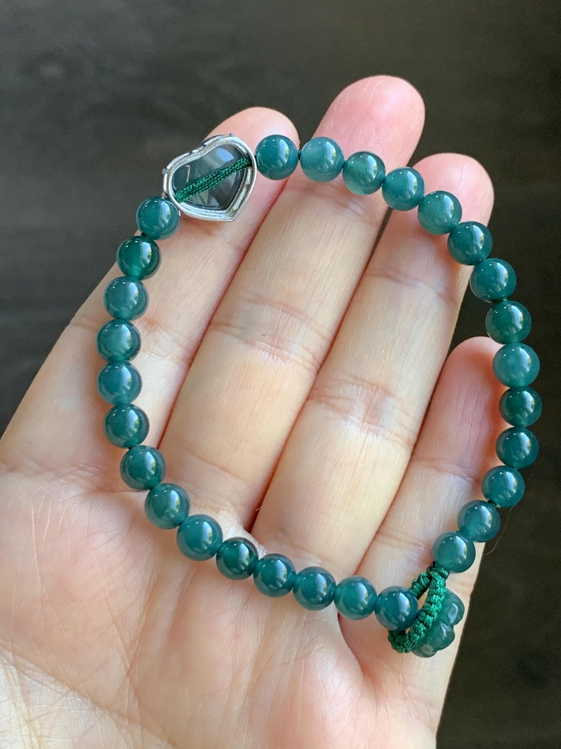 Natural Guatemalan Icy Translucent Dark Teal Blue Jade Jadeite Heart Charm Beaded Bracelet Sterling Silver 7” 天然冰危深蓝翡翠爱心潘多拉圆珠手串 WAX168