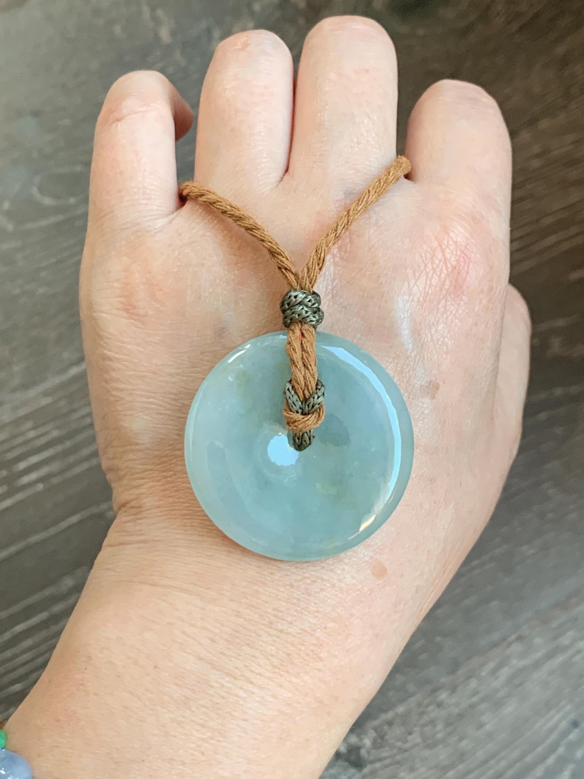 Natural Grade A Icy Translucent Pastel Green Jade Jadeite Ping An Kou Donut Pendant Rope Necklace 26" 21g 天然冰浅绿色翡翠平安扣吊坠项链 MQQ550C