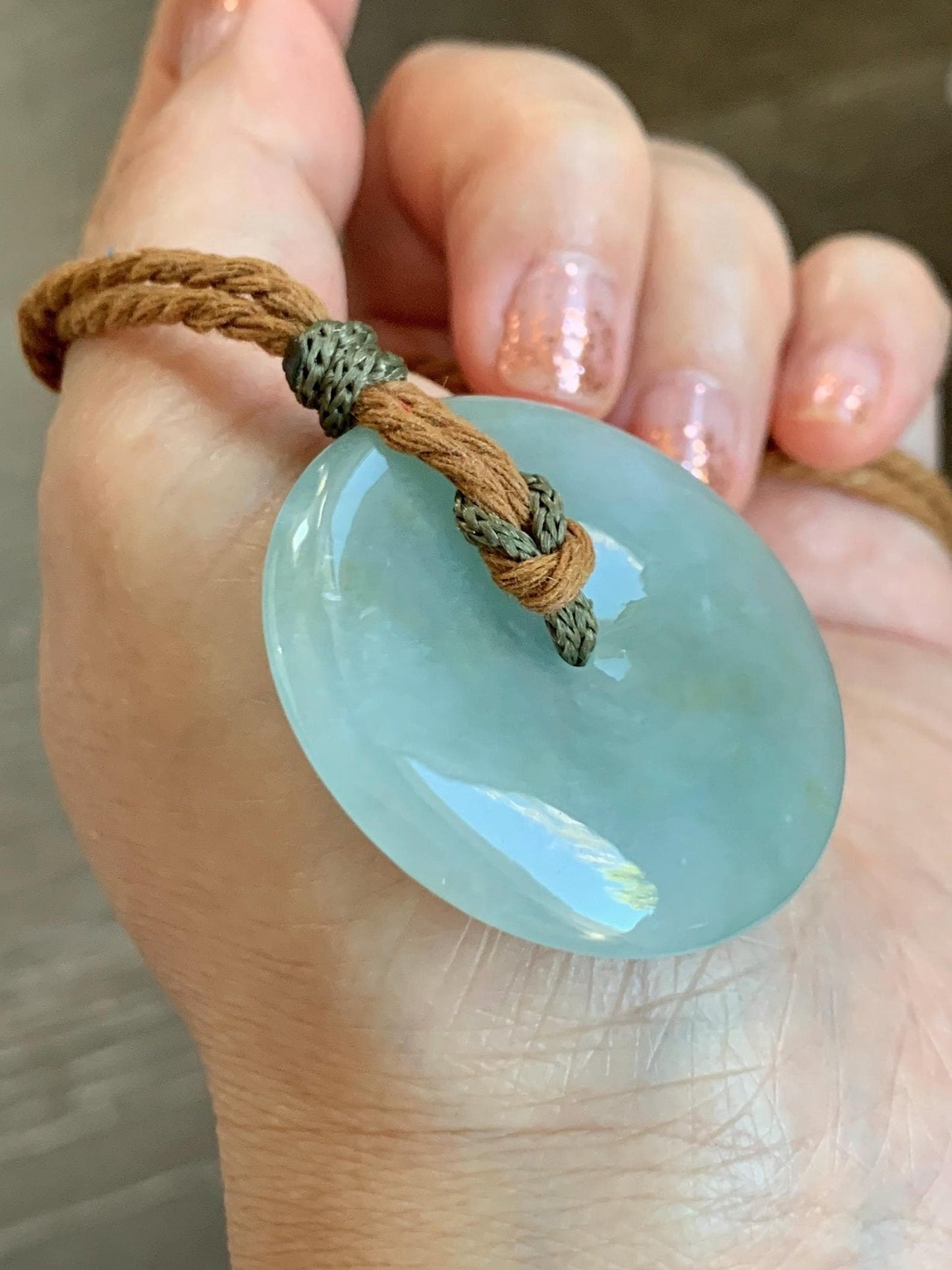 Natural Grade A Icy Translucent Pastel Green Jade Jadeite Ping An Kou Donut Pendant Rope Necklace 26" 21g 天然冰浅绿色翡翠平安扣吊坠项链 MQQ550C