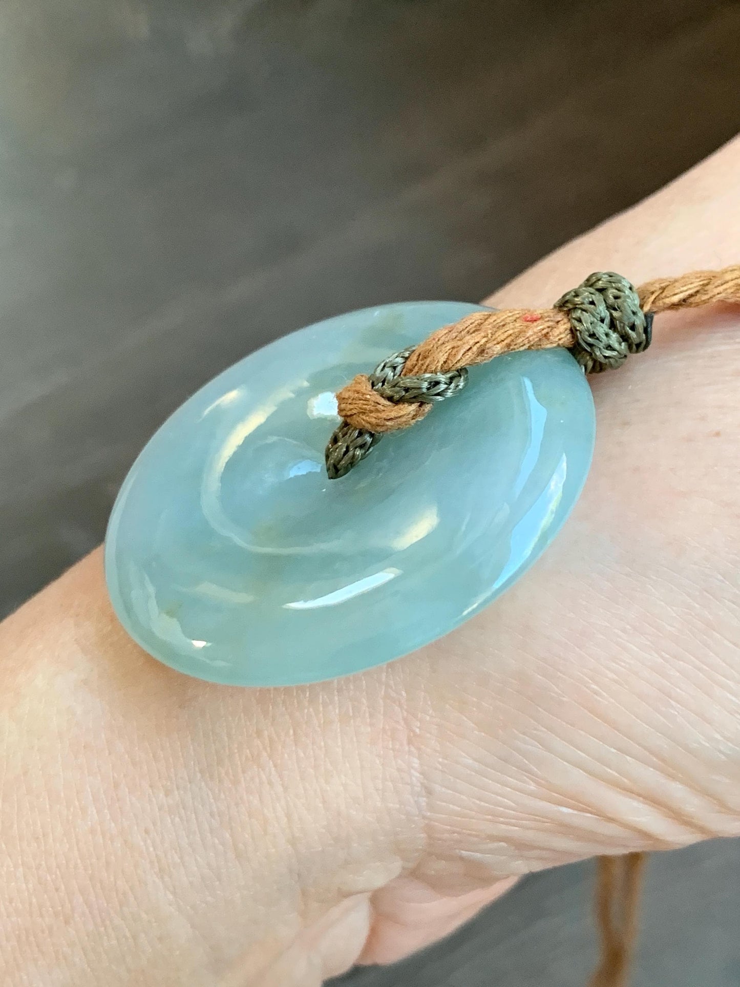 Natural Grade A Icy Translucent Pastel Green Jade Jadeite Ping An Kou Donut Pendant Rope Necklace 26" 21g 天然冰浅绿色翡翠平安扣吊坠项链 MQQ550C