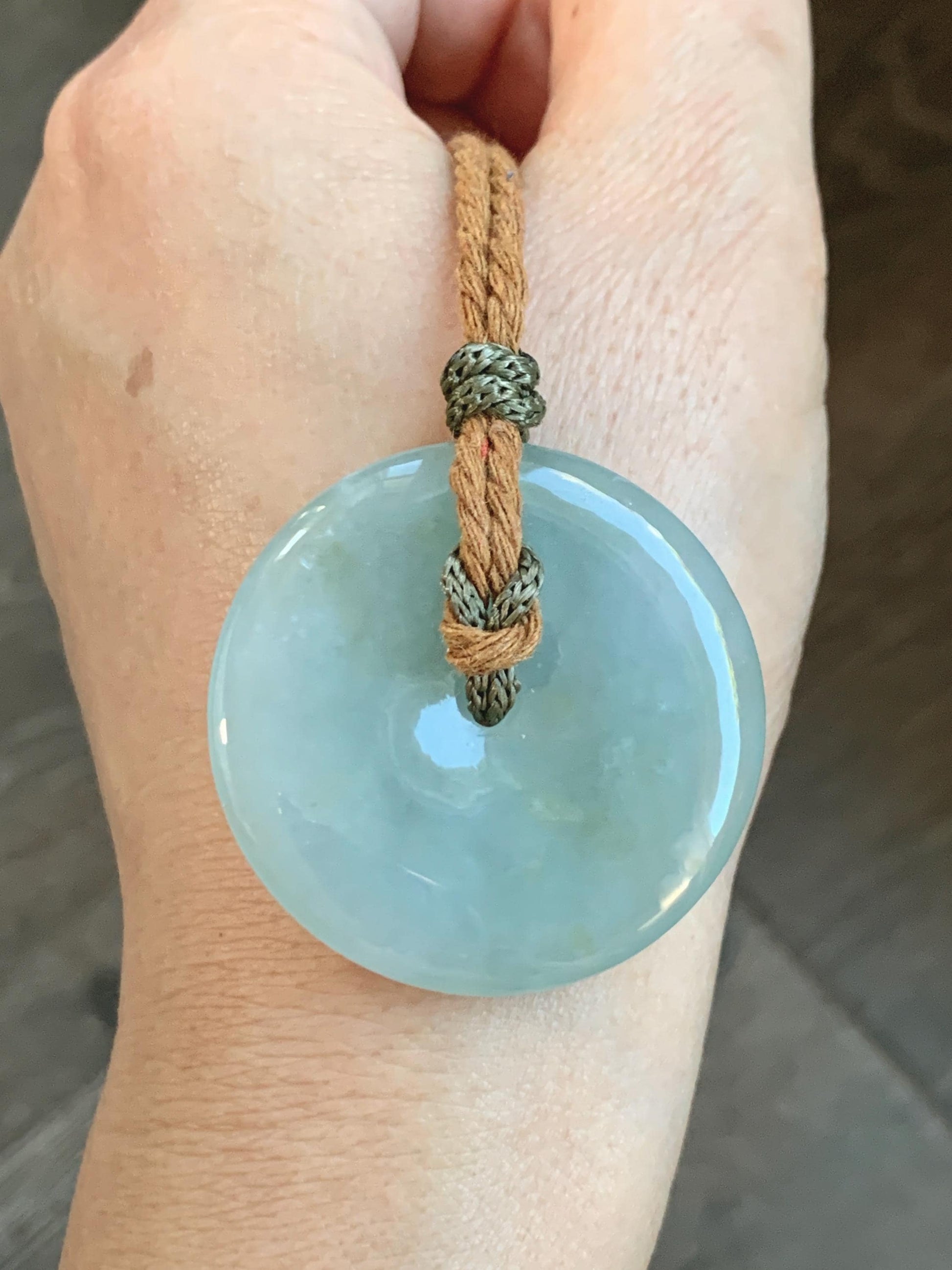 Natural Grade A Icy Translucent Pastel Green Jade Jadeite Ping An Kou Donut Pendant Rope Necklace 26" 21g 天然冰浅绿色翡翠平安扣吊坠项链 MQQ550C