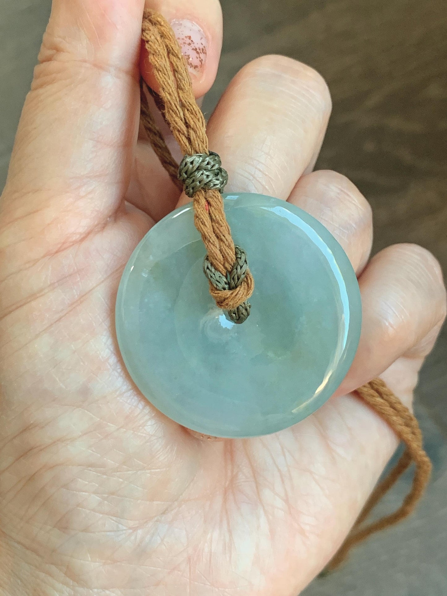 Natural Grade A Icy Translucent Pastel Green Jade Jadeite Ping An Kou Donut Pendant Rope Necklace 26" 21g 天然冰浅绿色翡翠平安扣吊坠项链 MQQ550C