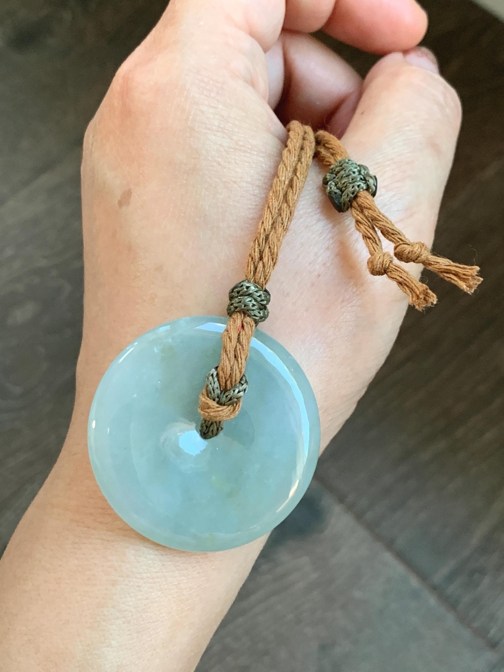 Natural Grade A Icy Translucent Pastel Green Jade Jadeite Ping An Kou Donut Pendant Rope Necklace 26" 21g 天然冰浅绿色翡翠平安扣吊坠项链 MQQ550C