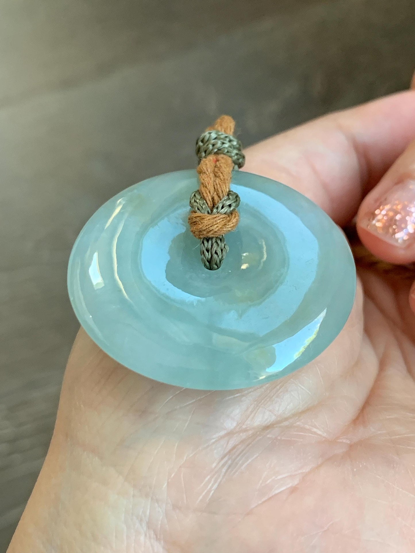 Natural Grade A Icy Translucent Pastel Green Jade Jadeite Ping An Kou Donut Pendant Rope Necklace 26" 21g 天然冰浅绿色翡翠平安扣吊坠项链 MQQ550C