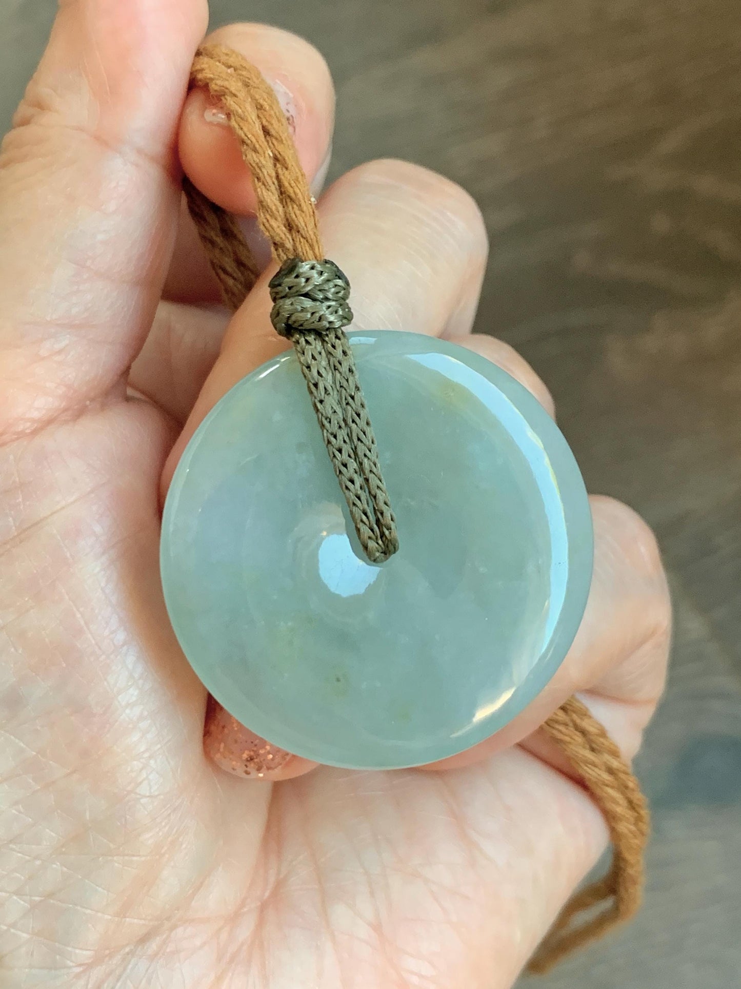 Natural Grade A Icy Translucent Pastel Green Jade Jadeite Ping An Kou Donut Pendant Rope Necklace 26" 21g 天然冰浅绿色翡翠平安扣吊坠项链 MQQ550C