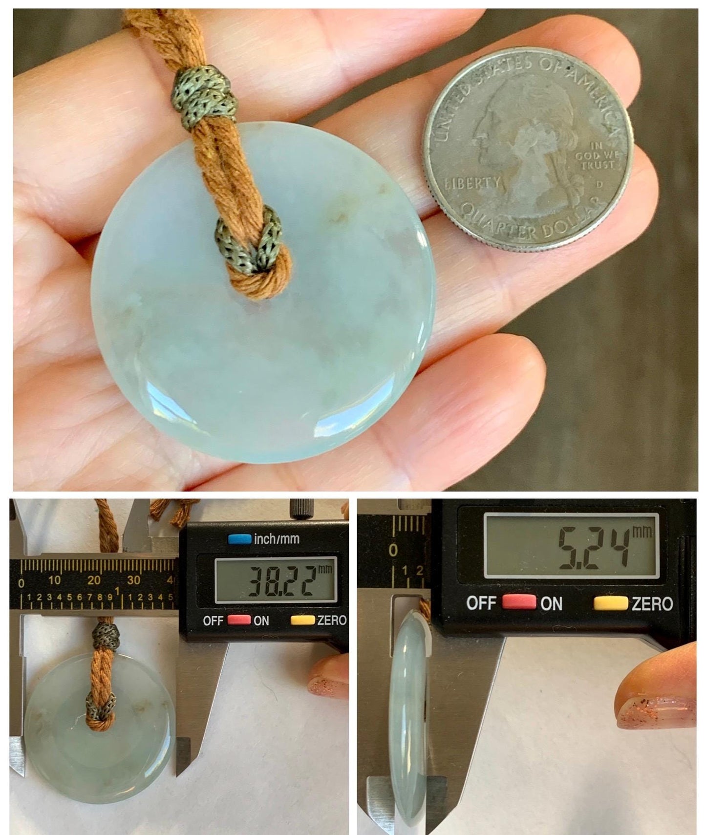 Natural Grade A Icy Translucent Pastel Sage Green Jade Jadeite Ping An Kou Donut Pendant Rope Necklace 26" 18g 天然冰浅绿色翡翠平安扣吊坠项链 MQQ550B