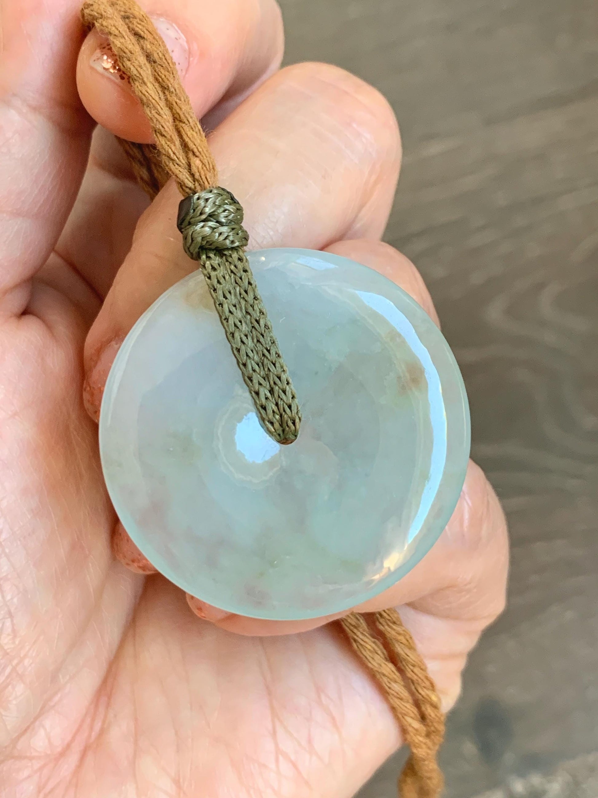 Natural Grade A Icy Translucent Pastel Sage Green Jade Jadeite Ping An Kou Donut Pendant Rope Necklace 26" 18g 天然冰浅绿色翡翠平安扣吊坠项链 MQQ550B