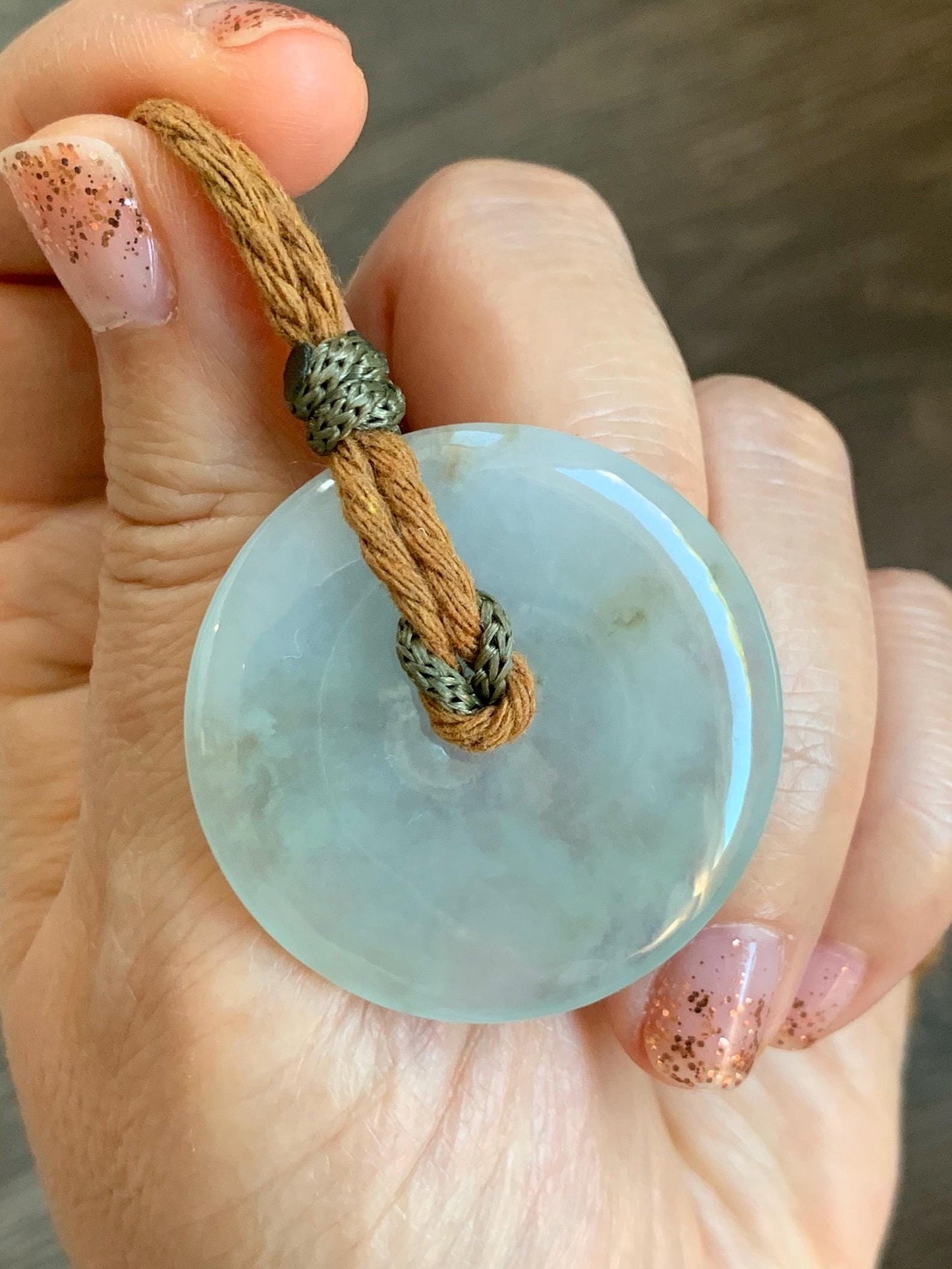 Natural Grade A Icy Translucent Pastel Sage Green Jade Jadeite Ping An Kou Donut Pendant Rope Necklace 26" 18g 天然冰浅绿色翡翠平安扣吊坠项链 MQQ550B