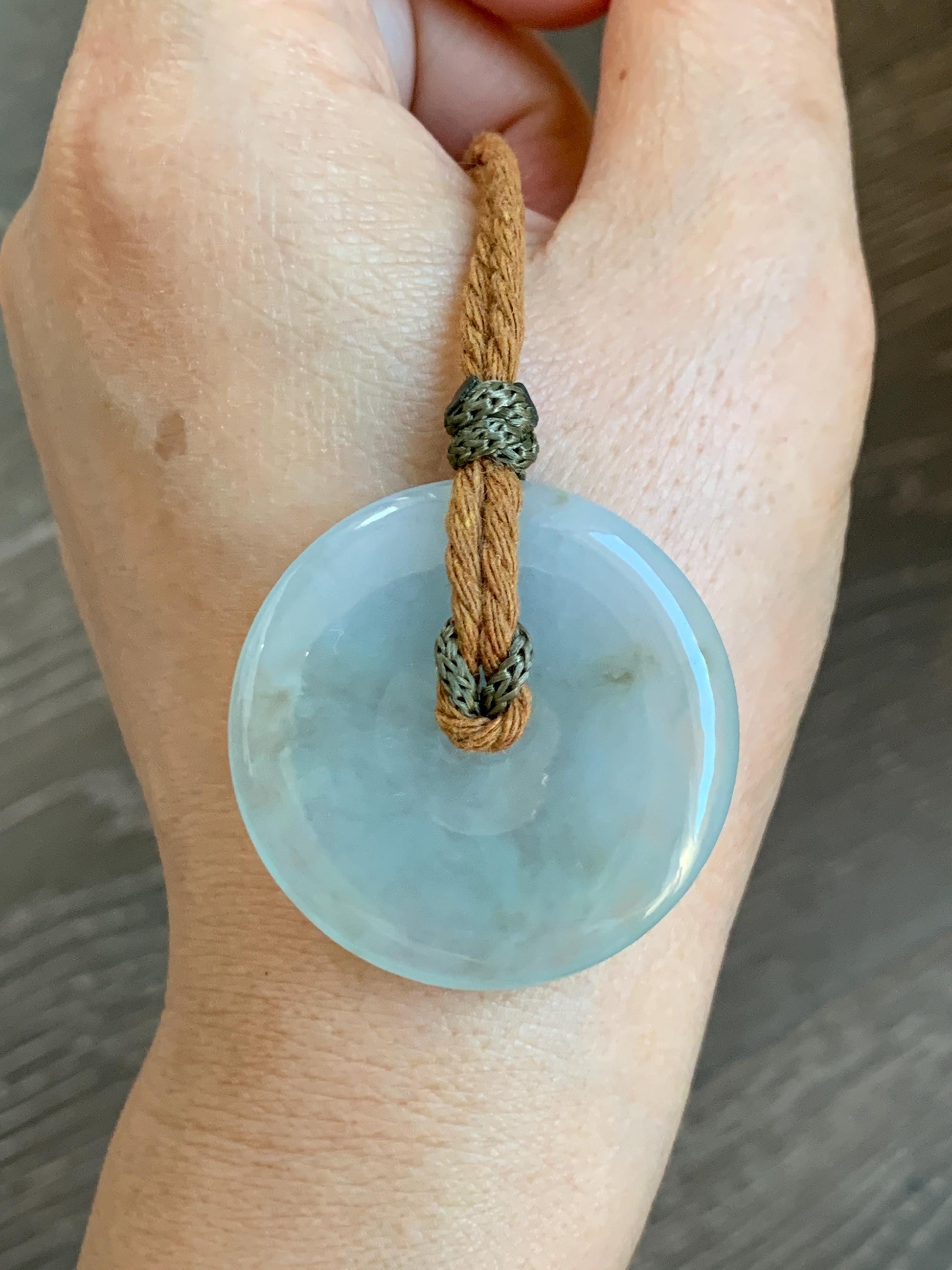 Natural Grade A Icy Translucent Pastel Sage Green Jade Jadeite Ping An Kou Donut Pendant Rope Necklace 26" 18g 天然冰浅绿色翡翠平安扣吊坠项链 MQQ550B