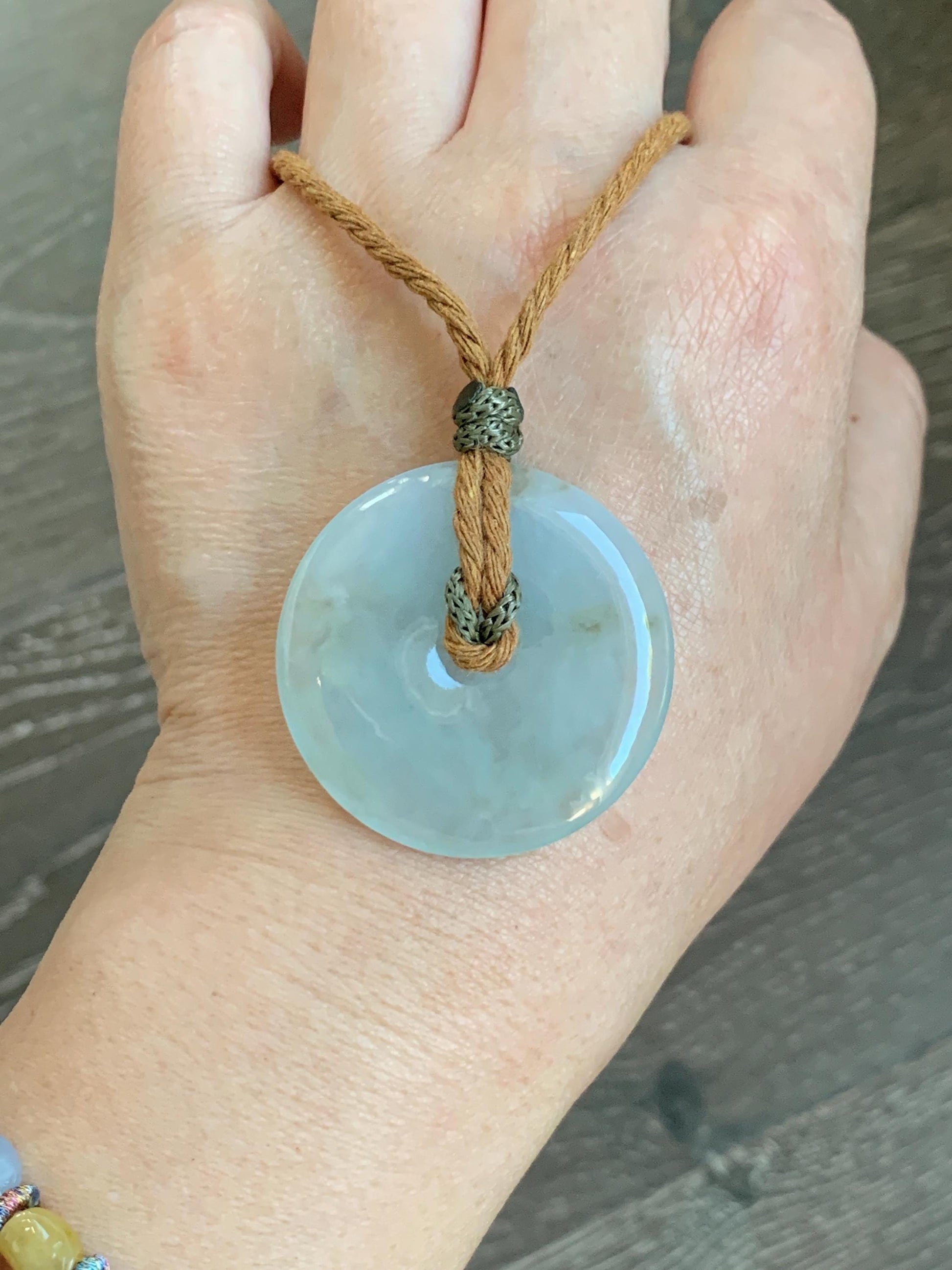 Natural Grade A Icy Translucent Pastel Sage Green Jade Jadeite Ping An Kou Donut Pendant Rope Necklace 26" 18g 天然冰浅绿色翡翠平安扣吊坠项链 MQQ550B