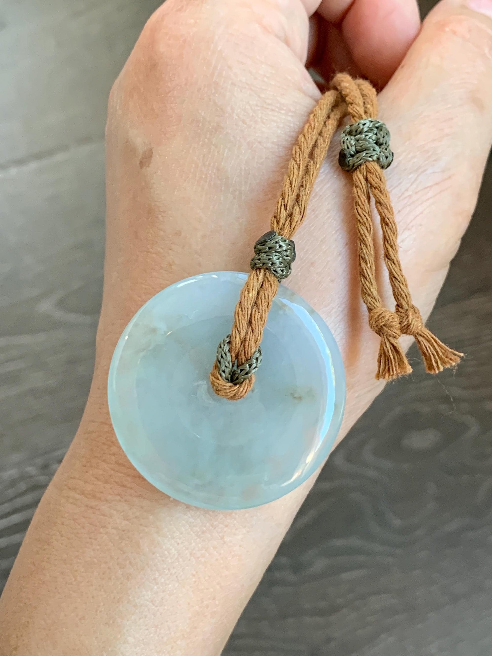 Natural Grade A Icy Translucent Pastel Sage Green Jade Jadeite Ping An Kou Donut Pendant Rope Necklace 26" 18g 天然冰浅绿色翡翠平安扣吊坠项链 MQQ550B