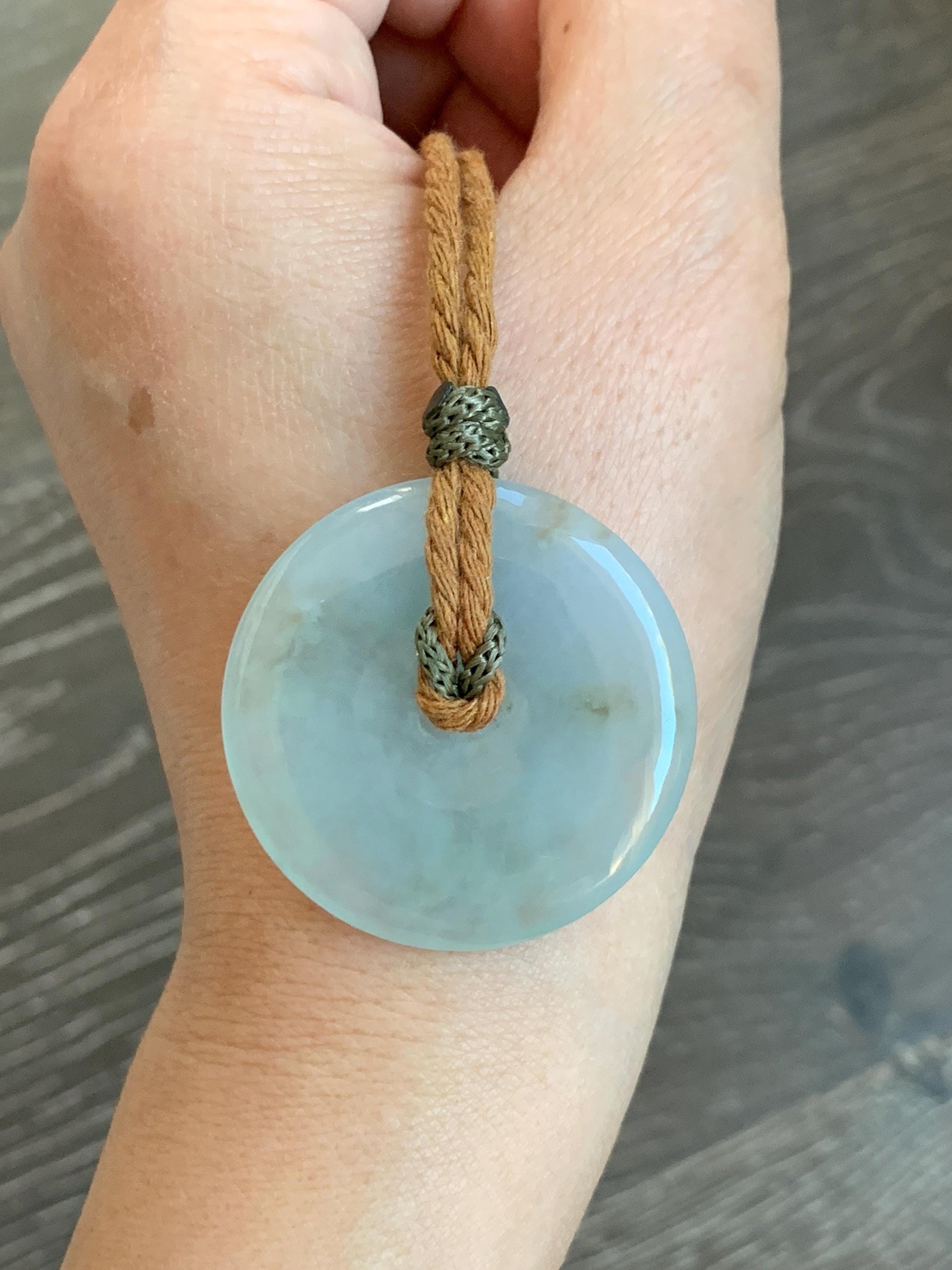 Natural Grade A Icy Translucent Pastel Sage Green Jade Jadeite Ping An Kou Donut Pendant Rope Necklace 26" 18g 天然冰浅绿色翡翠平安扣吊坠项链 MQQ550B