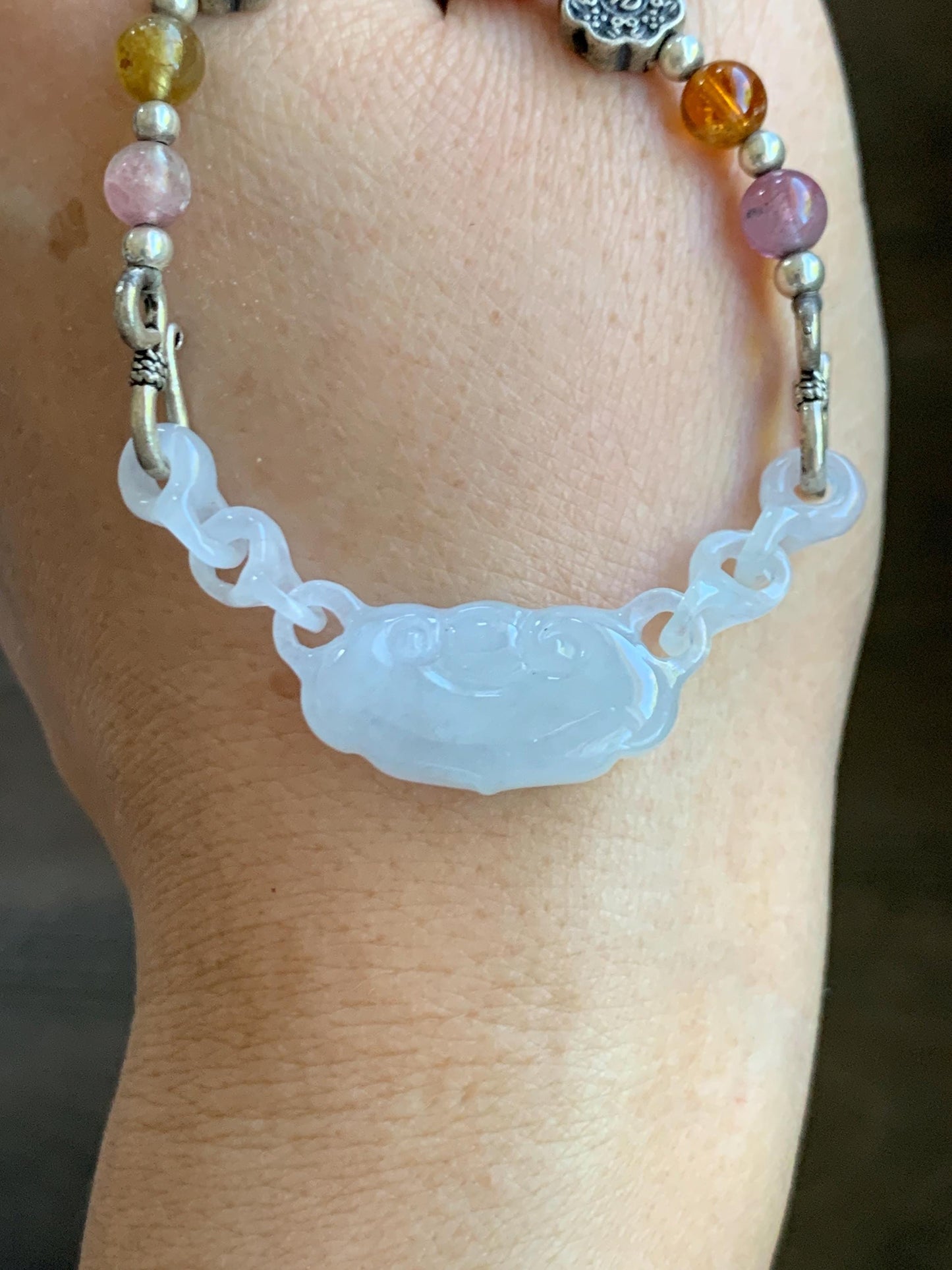 Natural Grade A Icy Translucent Gelatinous White Jade Jadeite Ruyi Lock Interlocking Links Necklace Sterling Silver 19” 天然冰胶白翡翠如意环环相扣项MRY363