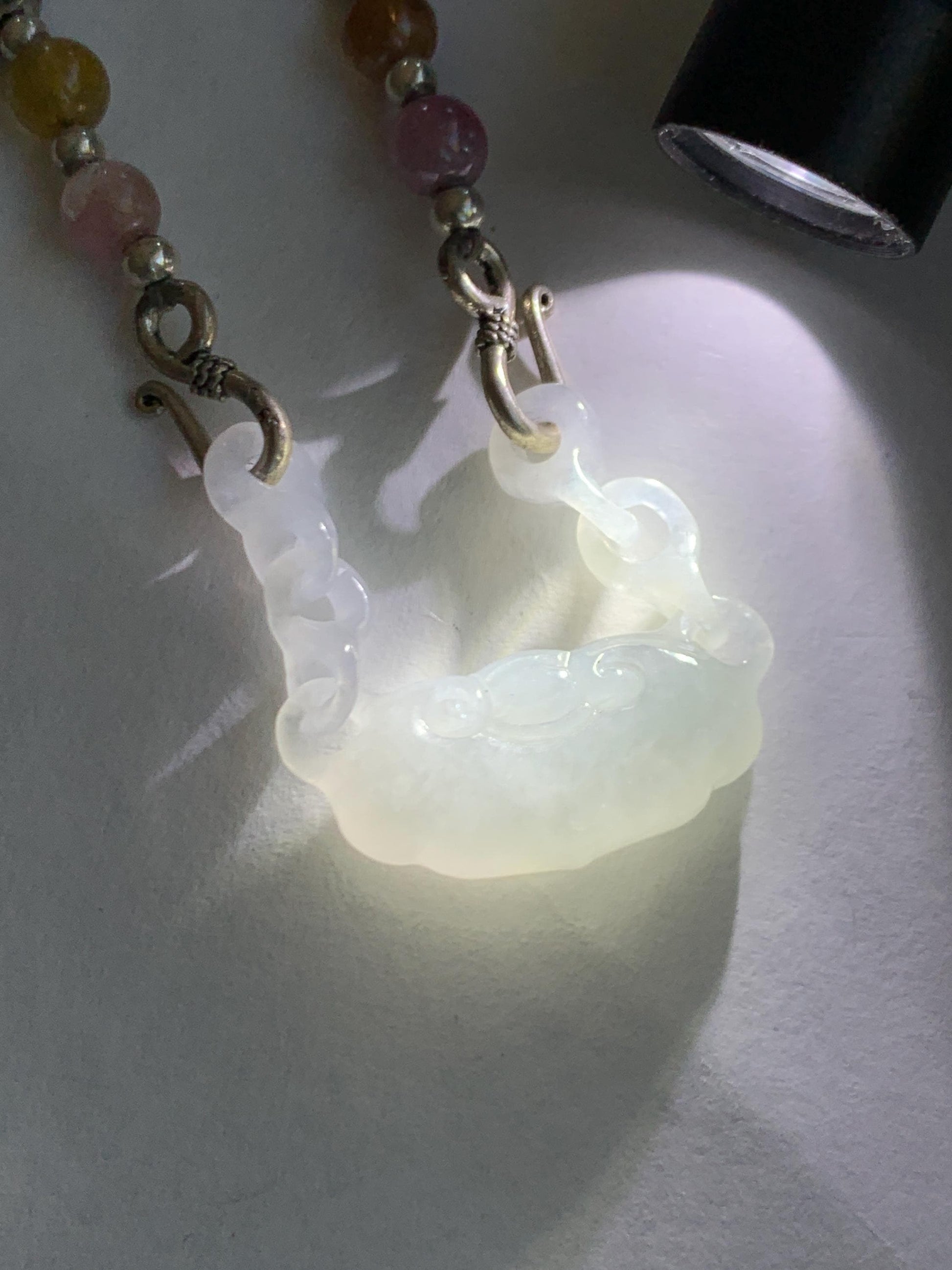 Natural Grade A Icy Translucent Gelatinous White Jade Jadeite Ruyi Lock Interlocking Links Necklace Sterling Silver 19” 天然冰胶白翡翠如意环环相扣项MRY363