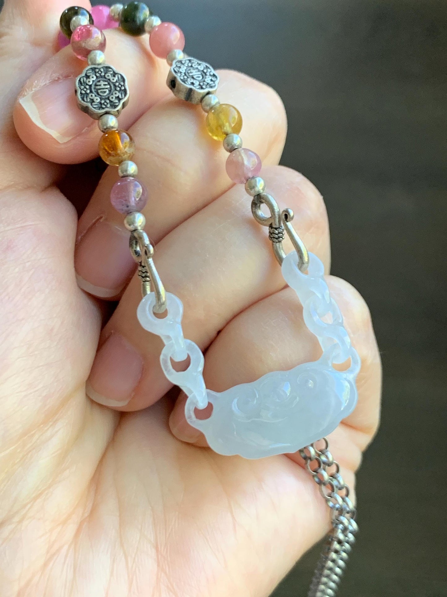 Natural Grade A Icy Translucent Gelatinous White Jade Jadeite Ruyi Lock Interlocking Links Necklace Sterling Silver 19” 天然冰胶白翡翠如意环环相扣项MRY363