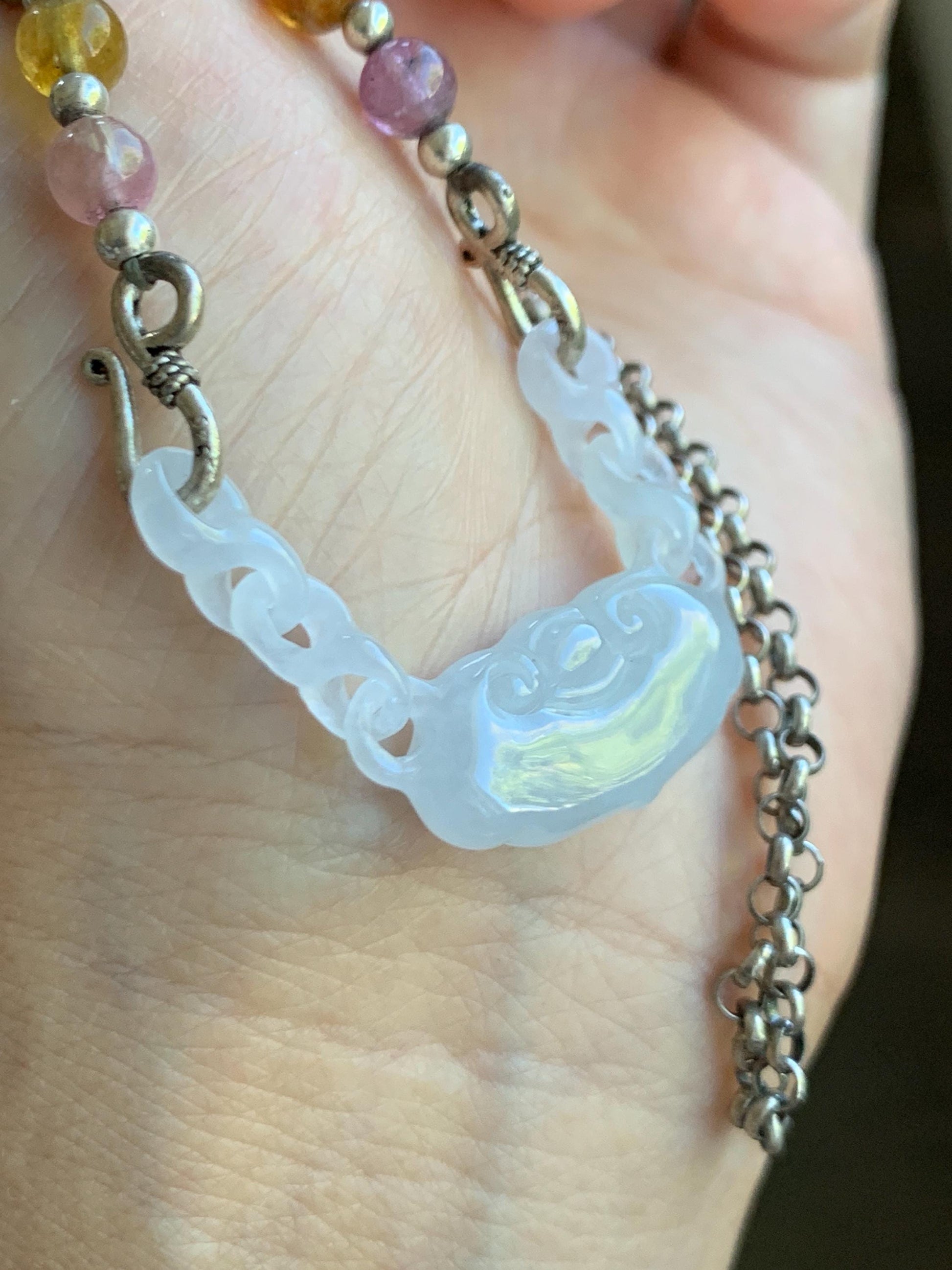 Natural Grade A Icy Translucent Gelatinous White Jade Jadeite Ruyi Lock Interlocking Links Necklace Sterling Silver 19” 天然冰胶白翡翠如意环环相扣项MRY363