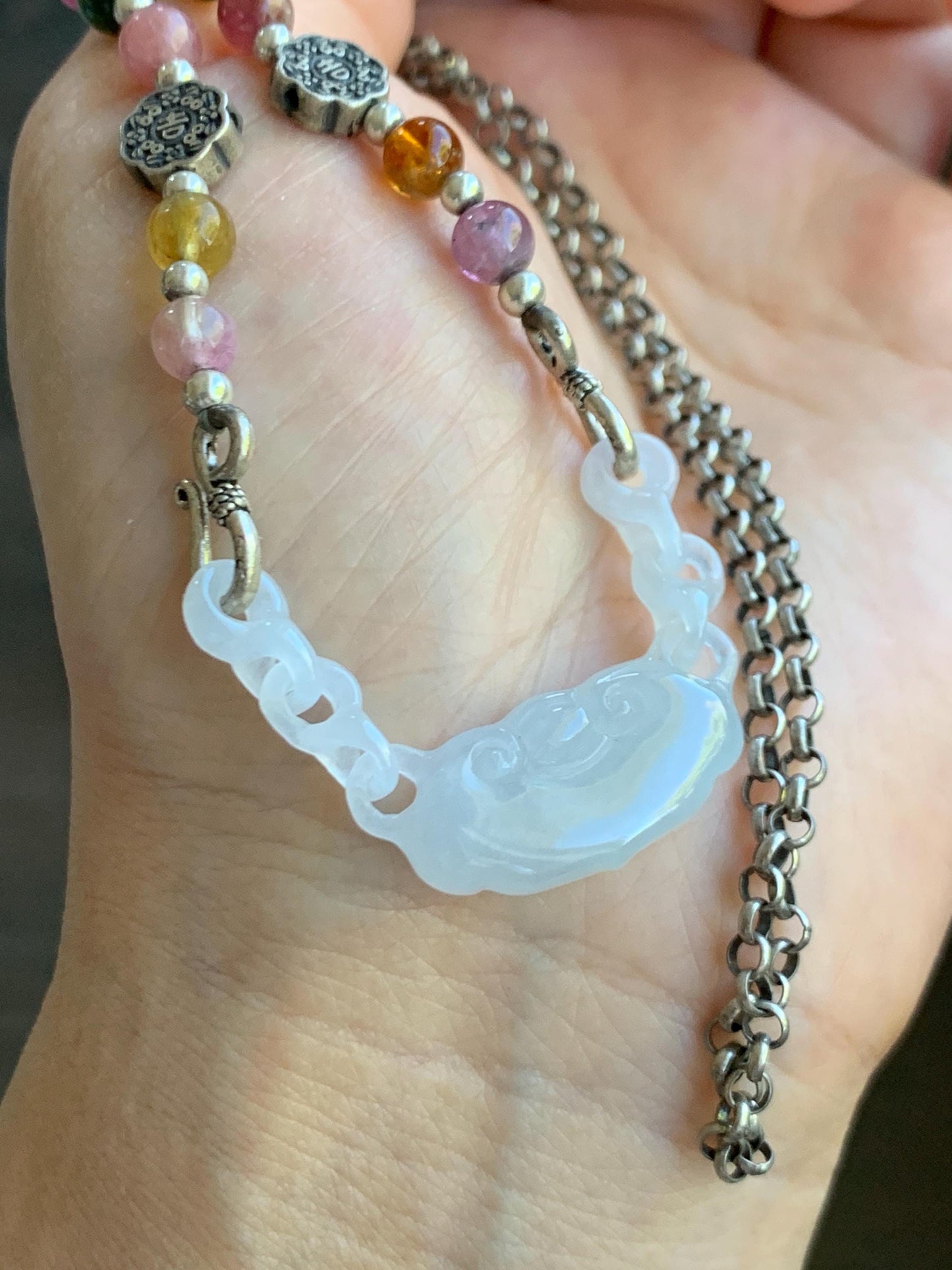 Natural Grade A Icy Translucent Gelatinous White Jade Jadeite Ruyi Lock Interlocking Links Necklace Sterling Silver 19” 天然冰胶白翡翠如意环环相扣项MRY363