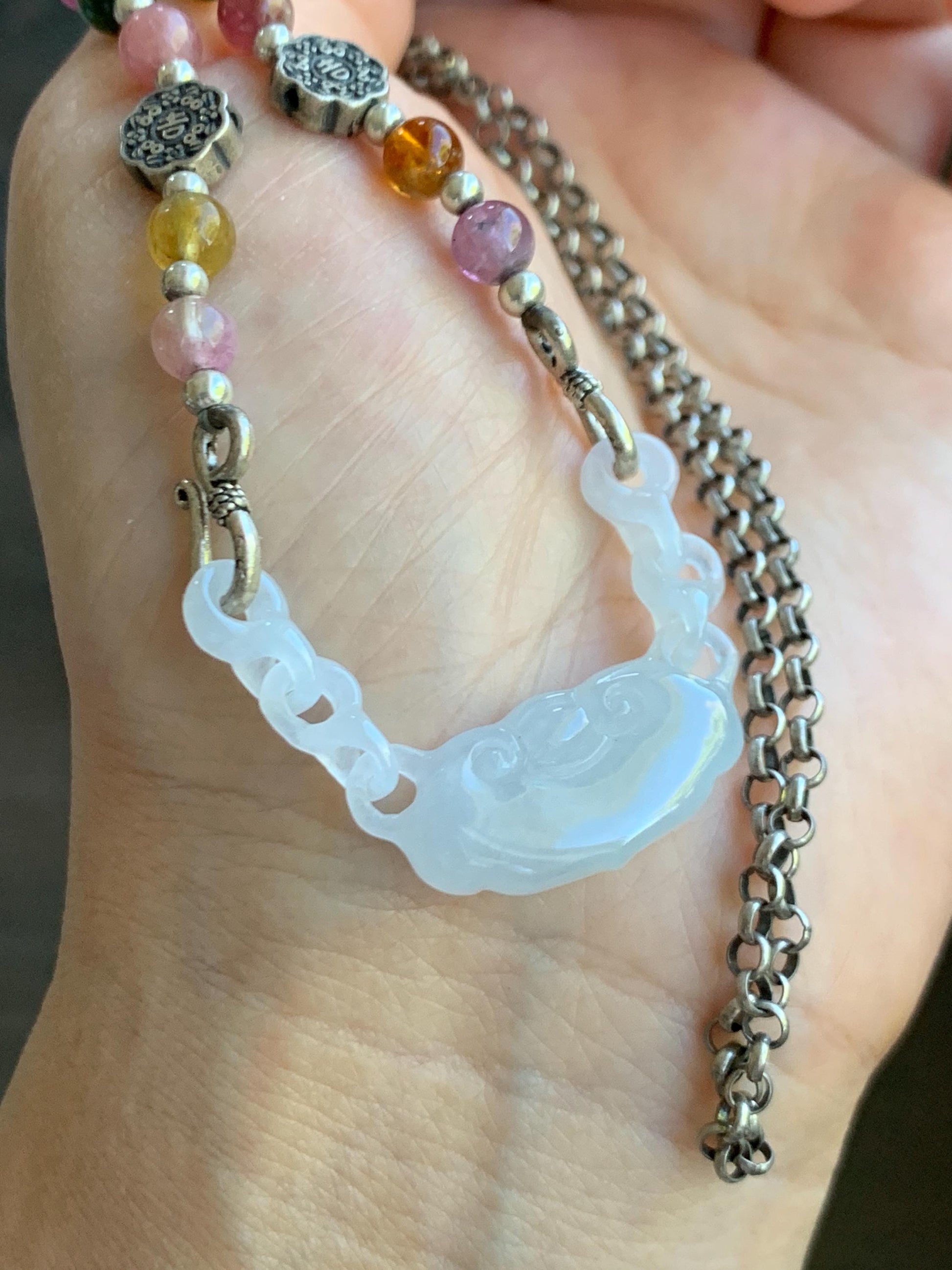 Natural Grade A Icy Translucent Gelatinous White Jade Jadeite Ruyi Lock Interlocking Links Necklace Sterling Silver 19” 天然冰胶白翡翠如意环环相扣项MRY363