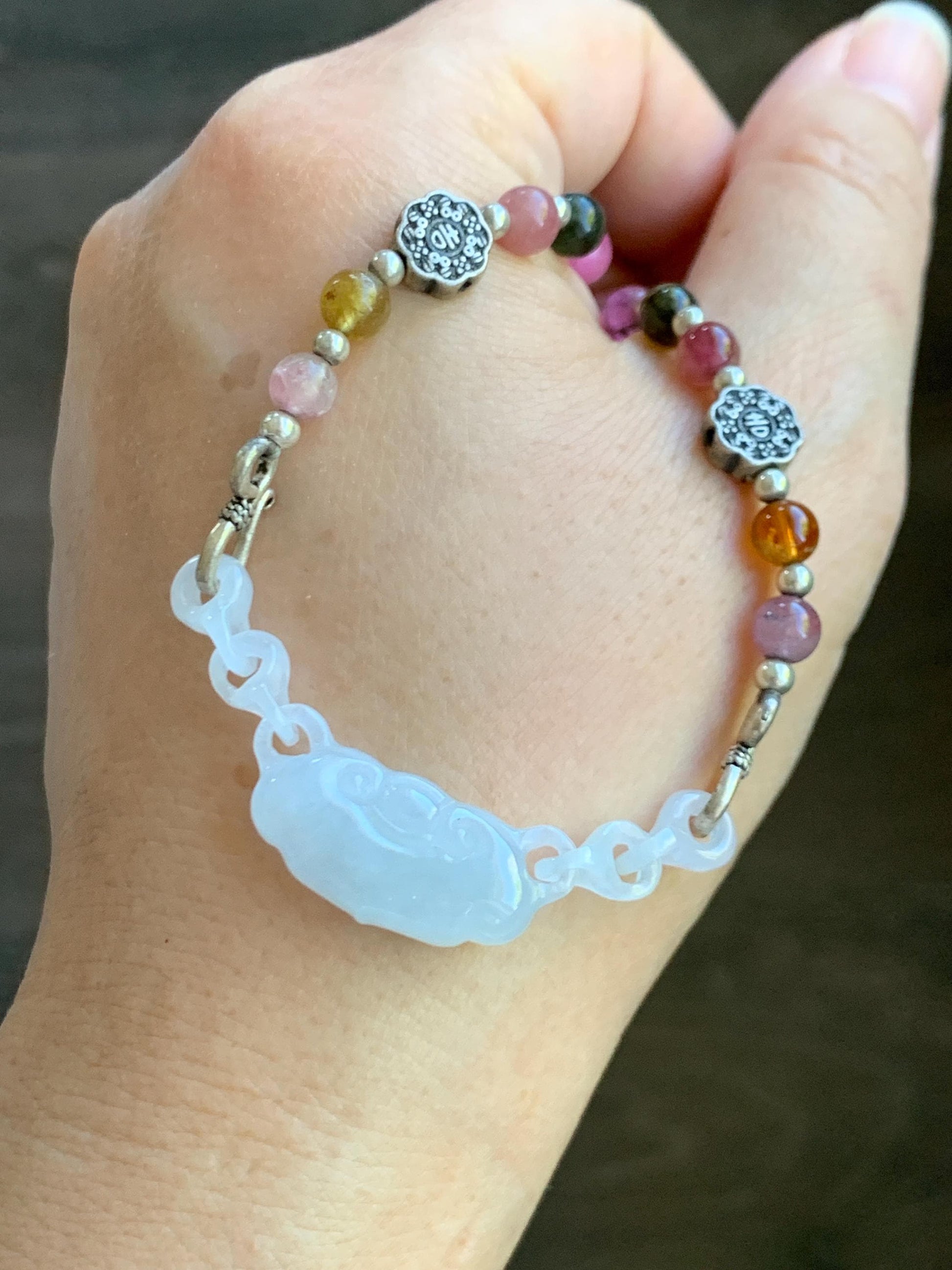 Natural Grade A Icy Translucent Gelatinous White Jade Jadeite Ruyi Lock Interlocking Links Necklace Sterling Silver 19” 天然冰胶白翡翠如意环环相扣项MRY363