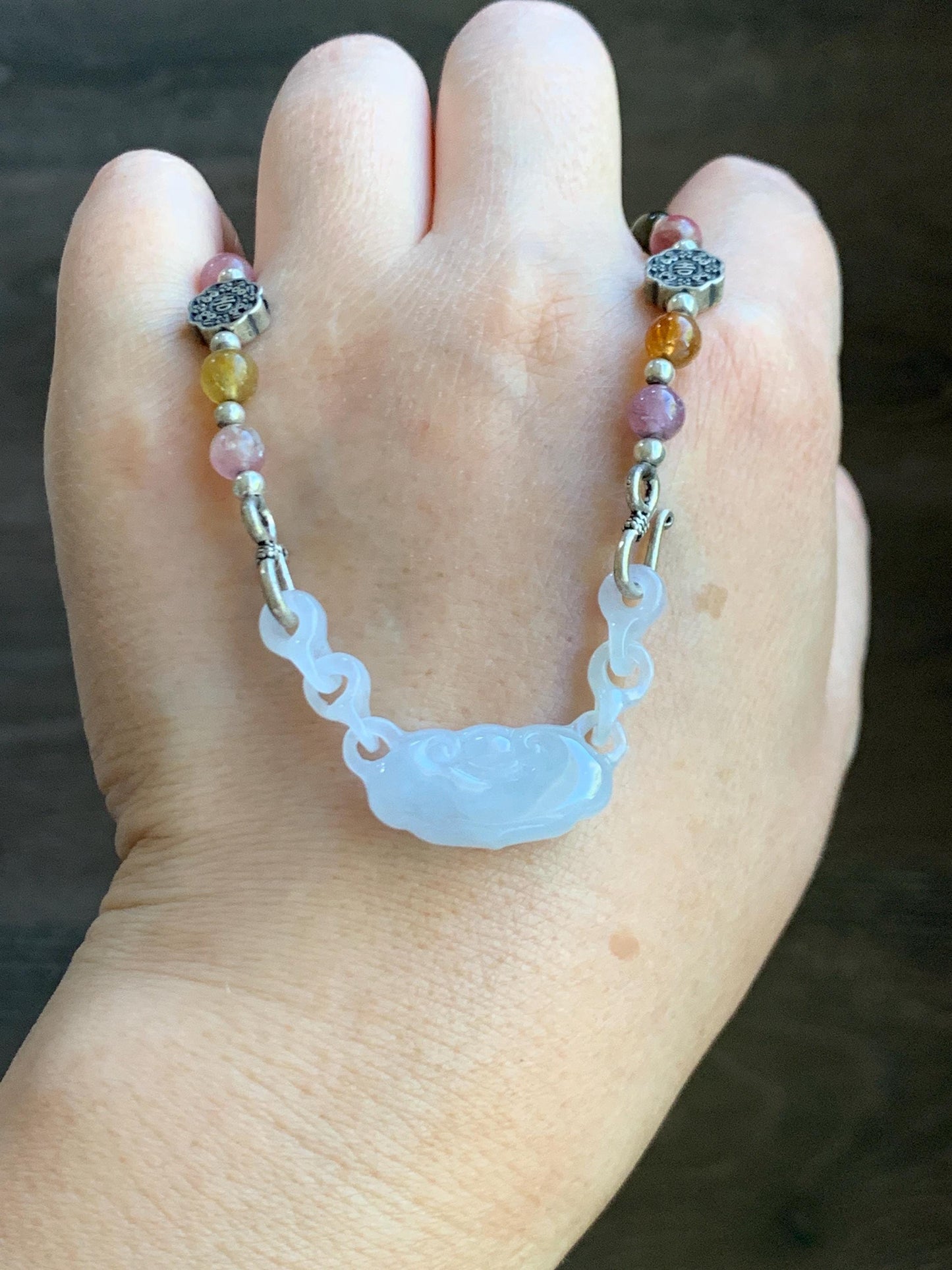 Natural Grade A Icy Translucent Gelatinous White Jade Jadeite Ruyi Lock Interlocking Links Necklace Sterling Silver 19” 天然冰胶白翡翠如意环环相扣项MRY363