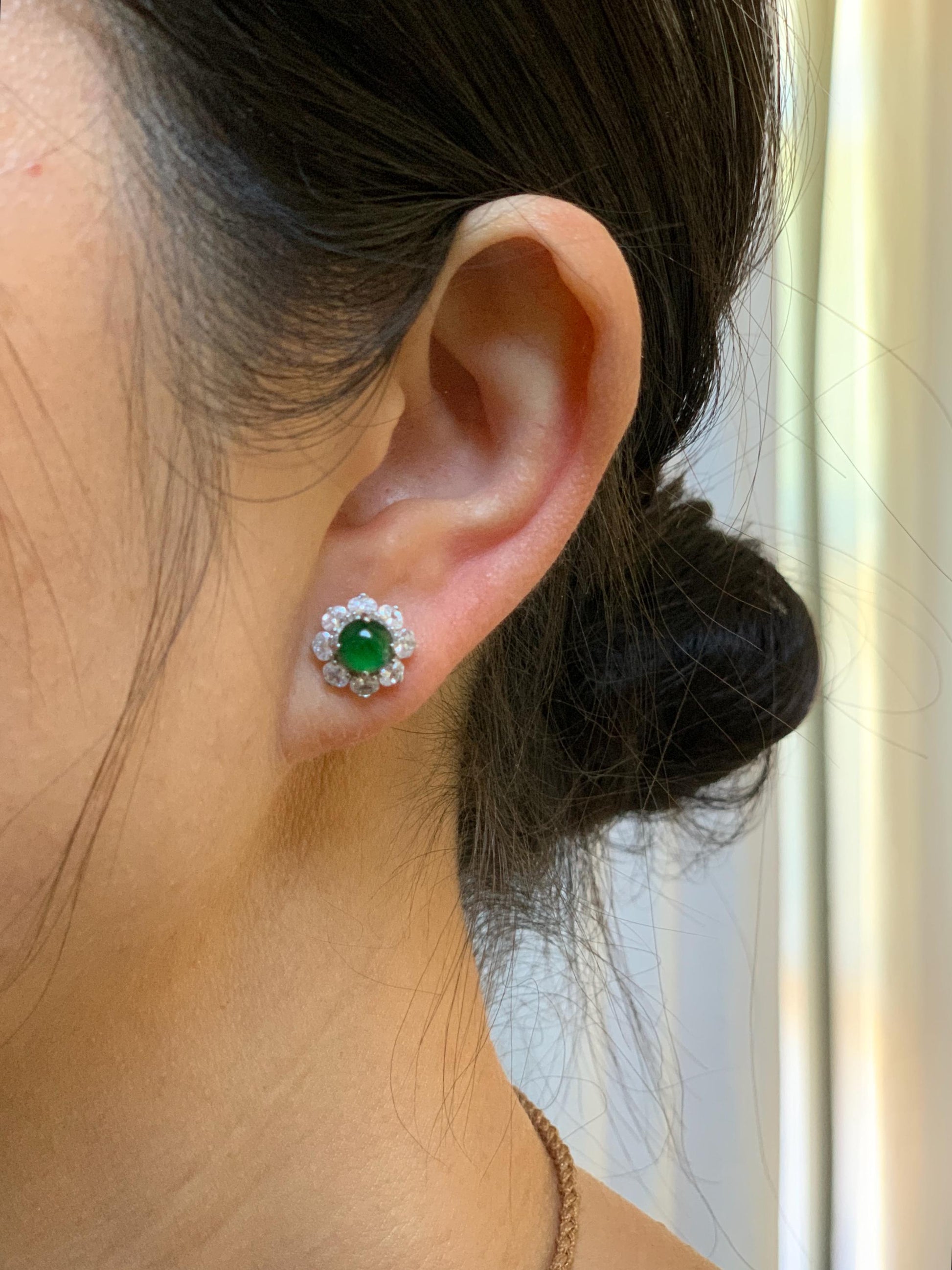 Natural Guatemalan Grade A Icy Highly Translucent Vibrant Green Jadeite Round Stud Earrings Sterling Silver 天然冰危绿翡翠蛋面银镶耳钉 LHD77