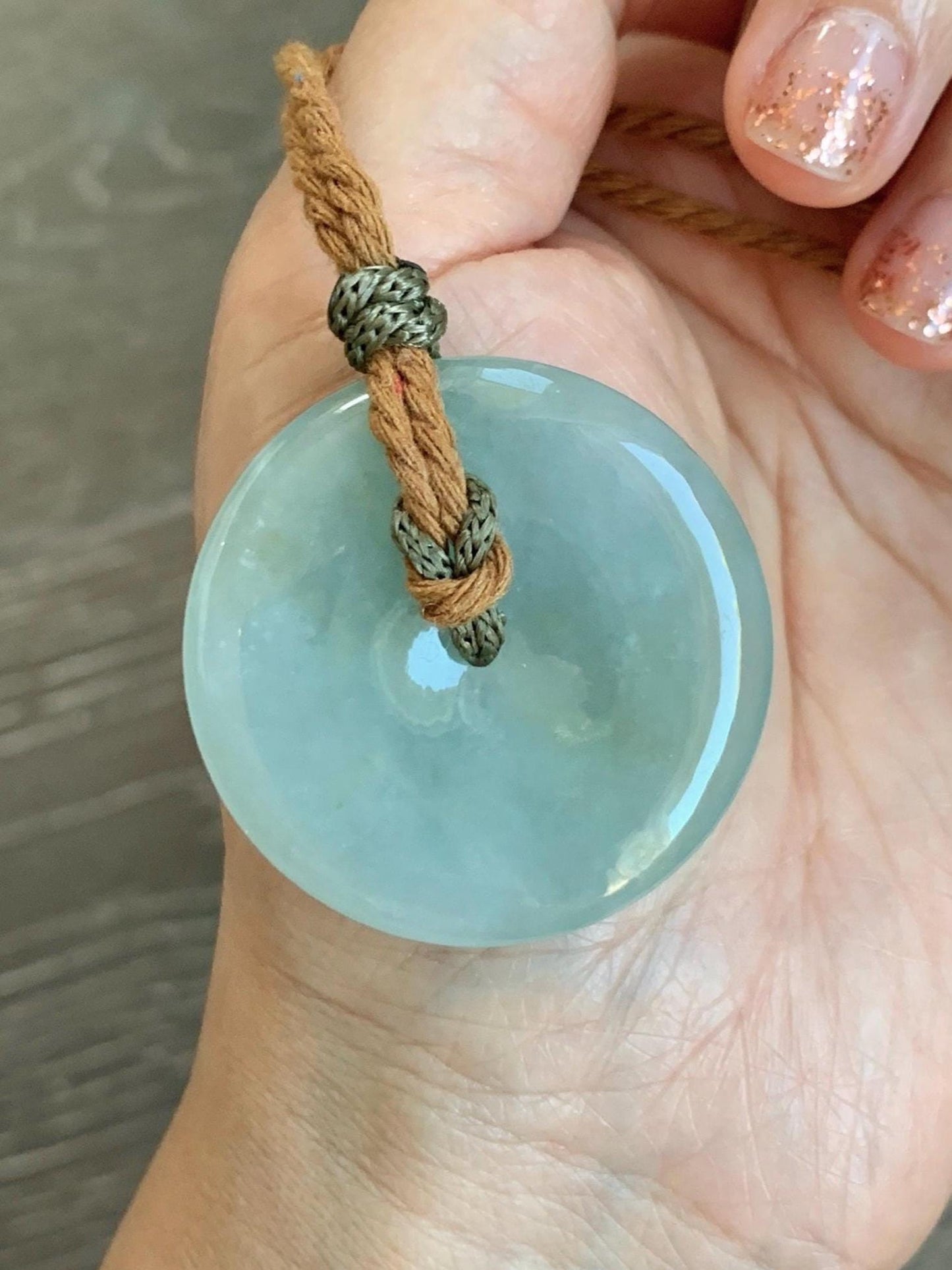 Natural Grade A Icy Translucent Pastel Green Jade Jadeite Ping An Kou Donut Pendant Rope Necklace 26" 21g 天然冰浅绿色翡翠平安扣吊坠项链 MQQ550C