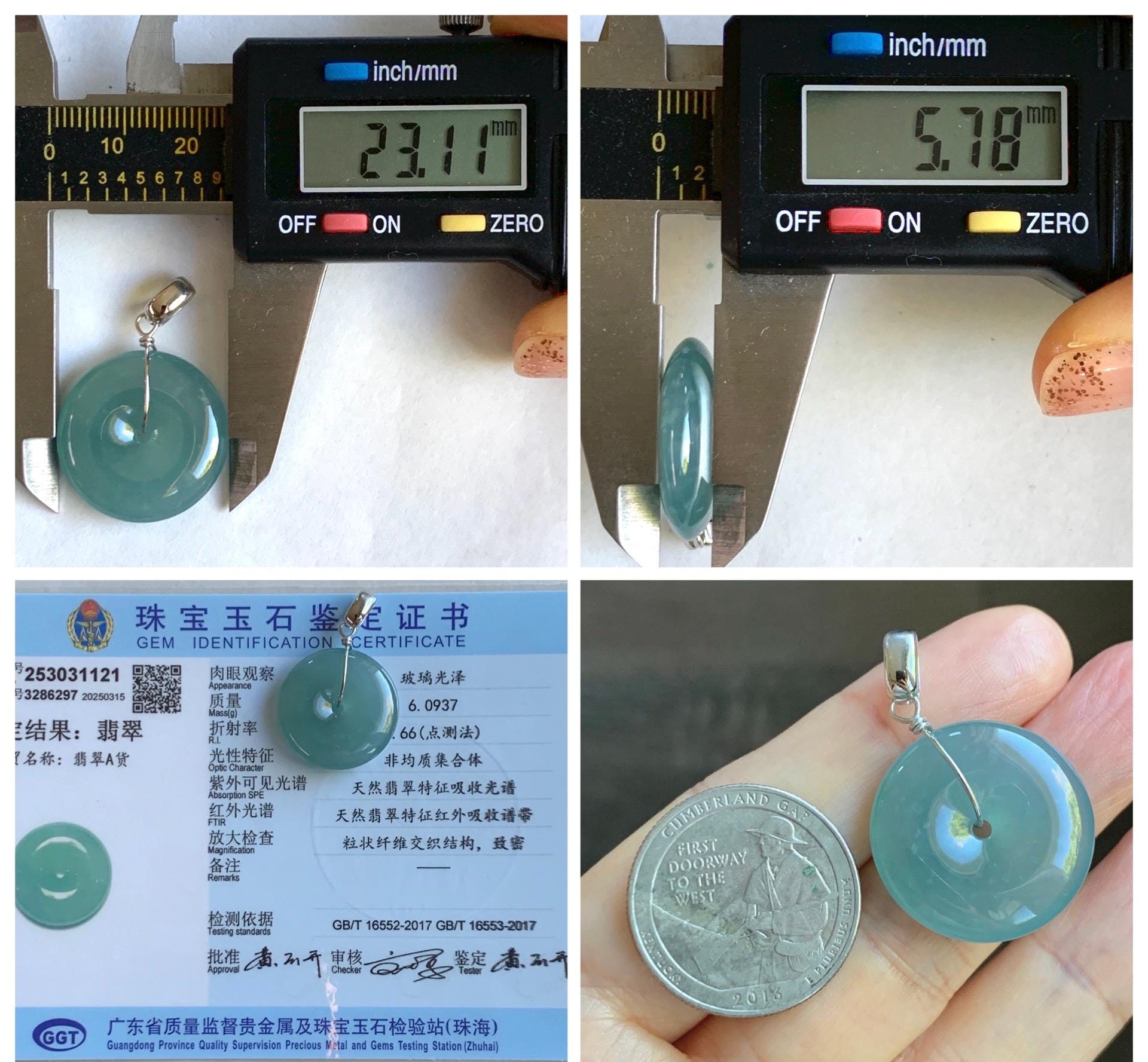 Certified Natural Grade A Guatemalan Icy Highly Translucent Teal Jade Jadeite Ping An Kou Donut Pendant Sterling Silver 天然冰危蓝翡翠平安扣吊坠 1121