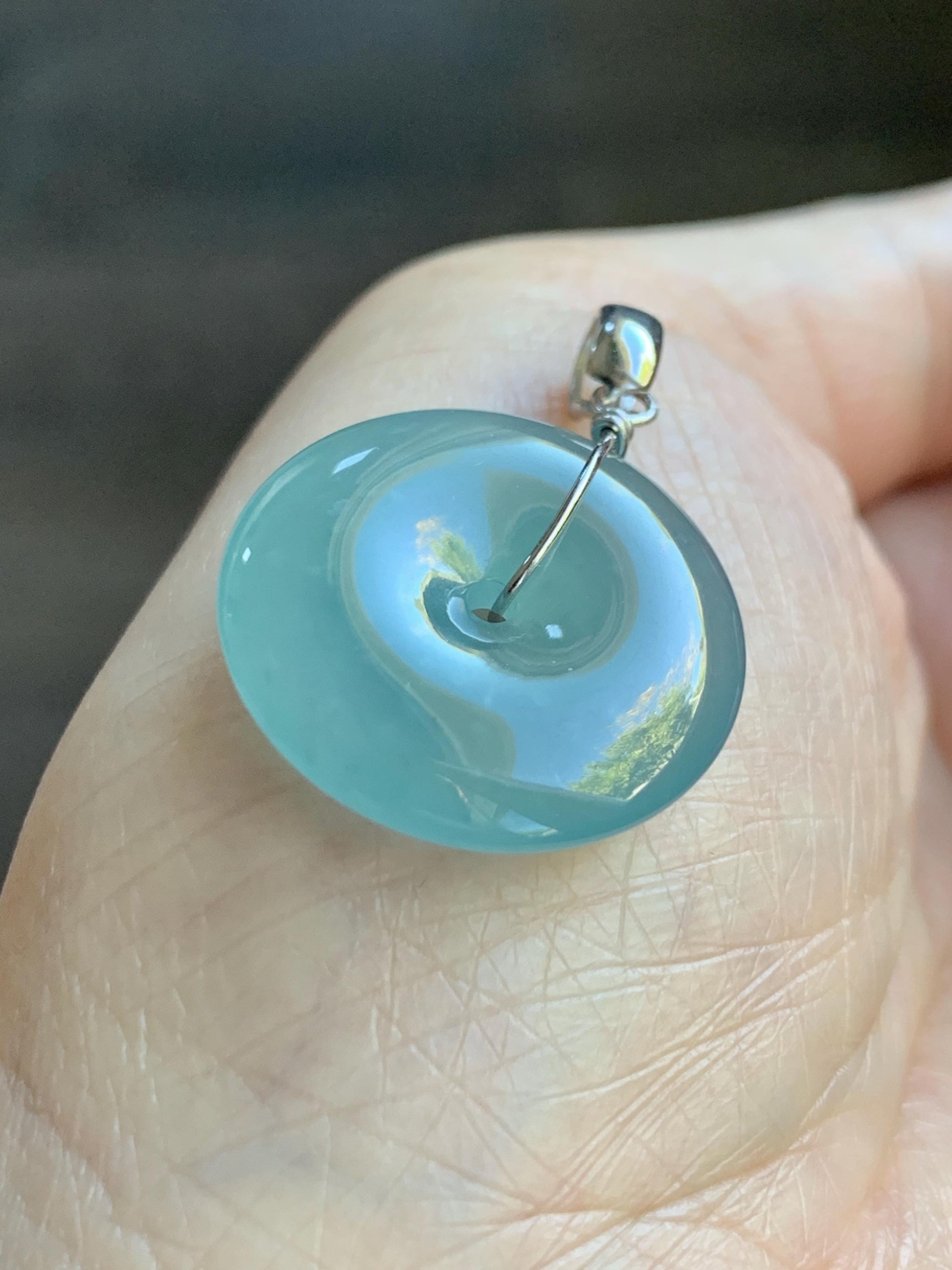 Certified Natural Grade A Guatemalan Icy Highly Translucent Teal Jade Jadeite Ping An Kou Donut Pendant Sterling Silver 天然冰危蓝翡翠平安扣吊坠 1121
