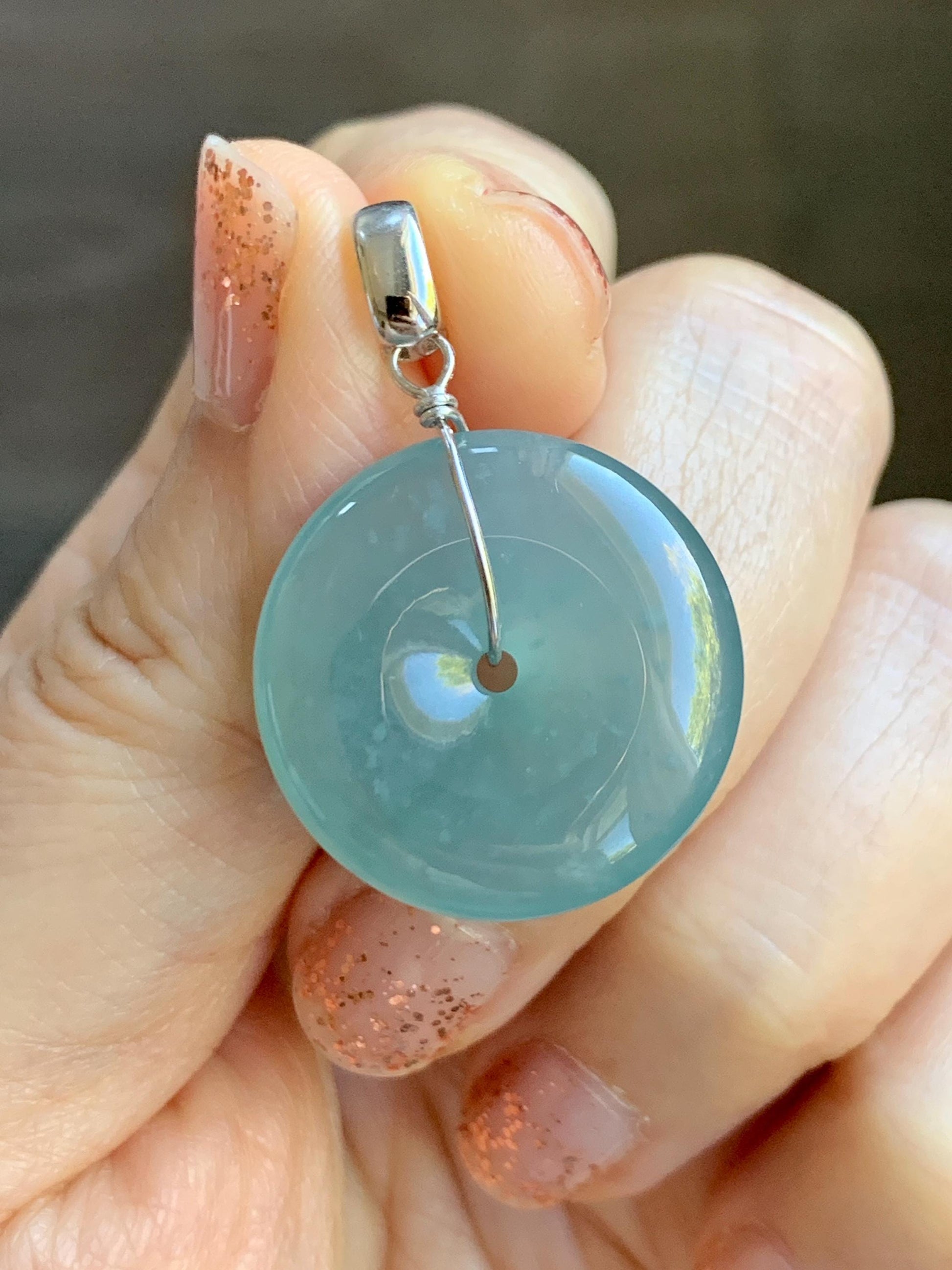 Certified Natural Grade A Guatemalan Icy Highly Translucent Teal Jade Jadeite Ping An Kou Donut Pendant Sterling Silver 天然冰危蓝翡翠平安扣吊坠 1121