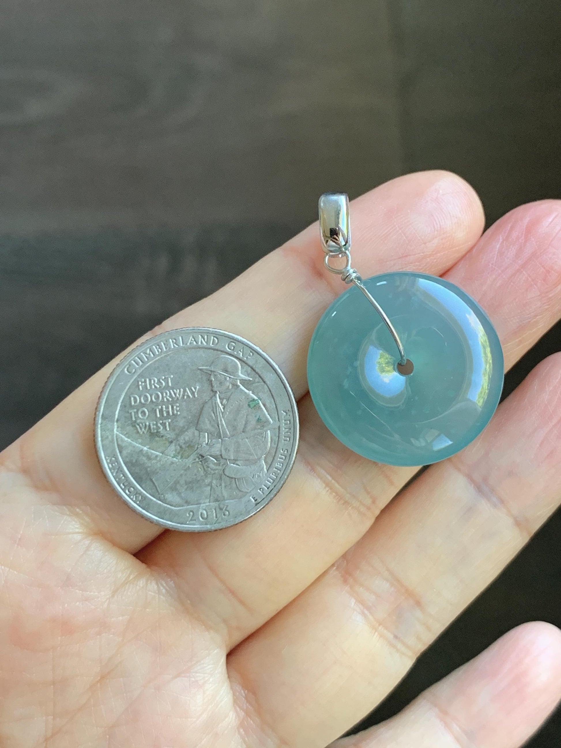 Certified Natural Grade A Guatemalan Icy Highly Translucent Teal Jade Jadeite Ping An Kou Donut Pendant Sterling Silver 天然冰危蓝翡翠平安扣吊坠 1121