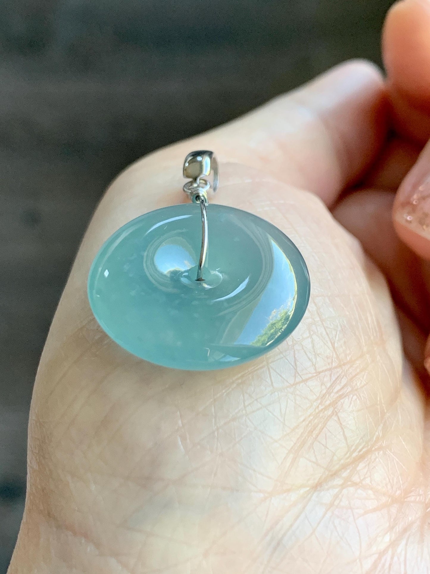 Certified Natural Grade A Guatemalan Icy Highly Translucent Teal Jade Jadeite Ping An Kou Donut Pendant Sterling Silver 天然冰危蓝翡翠平安扣吊坠 1121