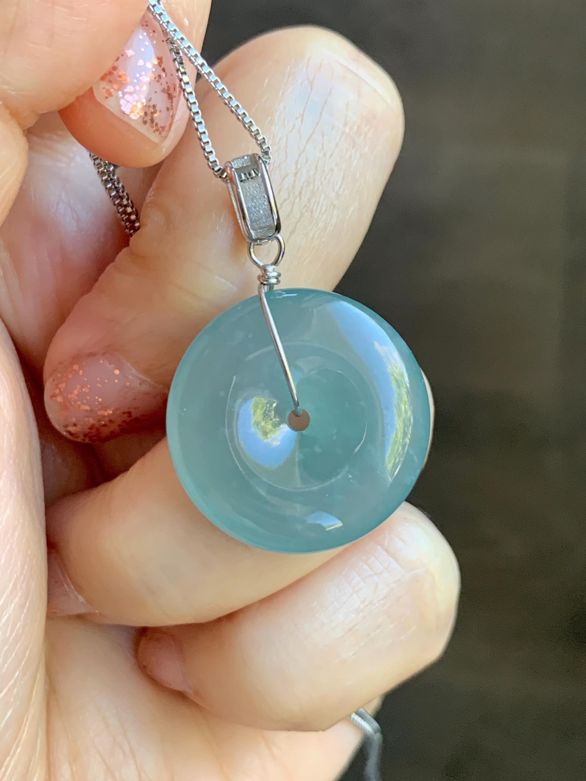 Certified Natural Grade A Guatemalan Icy Highly Translucent Teal Jade Jadeite Ping An Kou Donut Pendant Sterling Silver 天然冰危蓝翡翠平安扣吊坠 1121