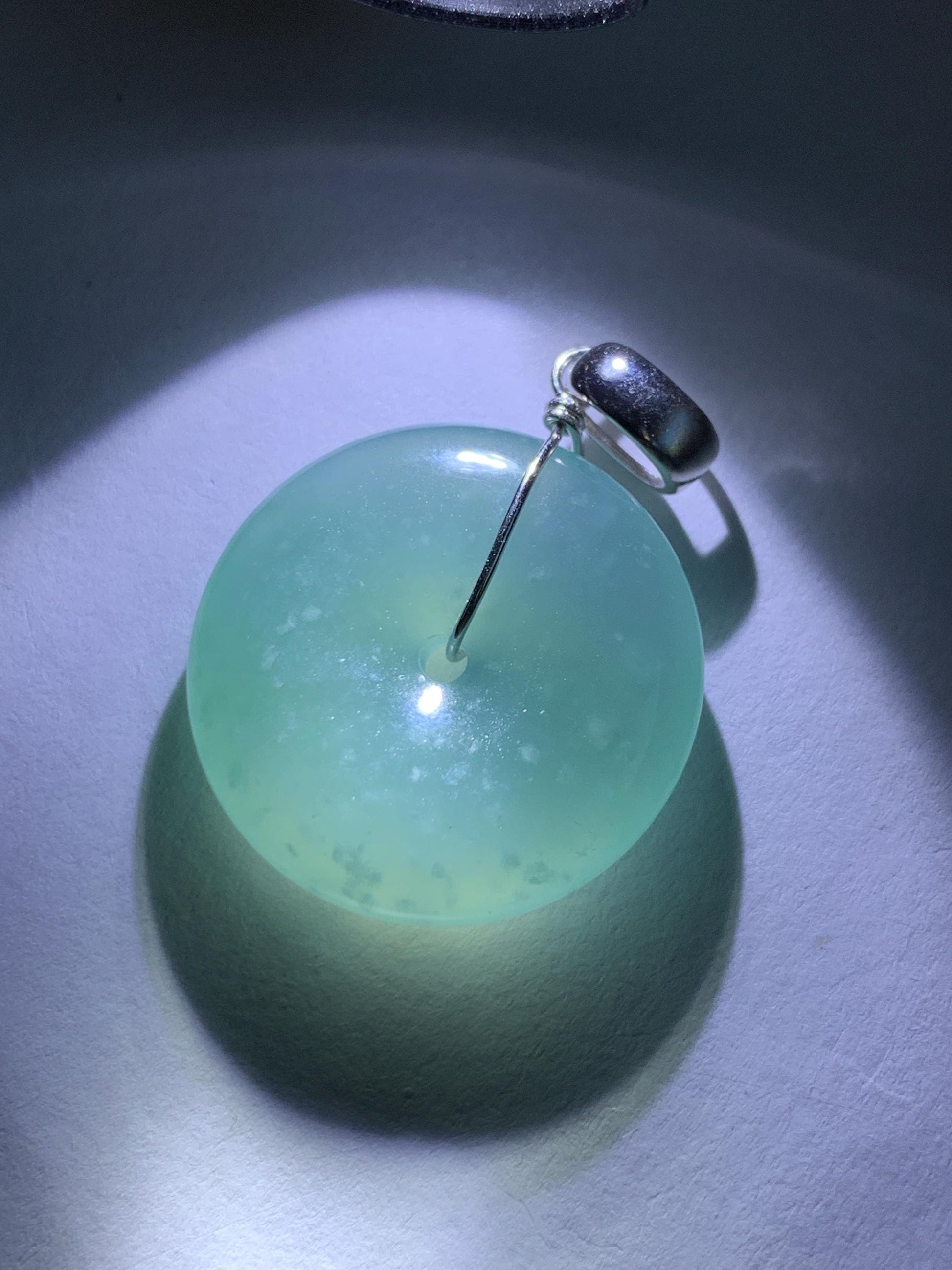 Certified Natural Grade A Guatemalan Icy Highly Translucent Teal Jade Jadeite Ping An Kou Donut Pendant Sterling Silver 天然冰危蓝翡翠平安扣吊坠 1121