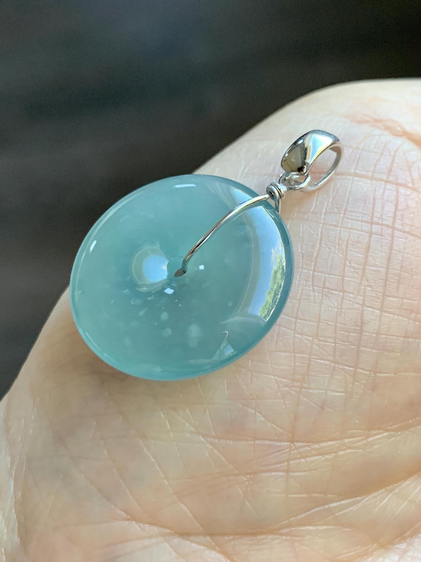 Certified Natural Grade A Guatemalan Icy Highly Translucent Teal Jade Jadeite Ping An Kou Donut Pendant Sterling Silver 天然冰危蓝翡翠平安扣吊坠 1121