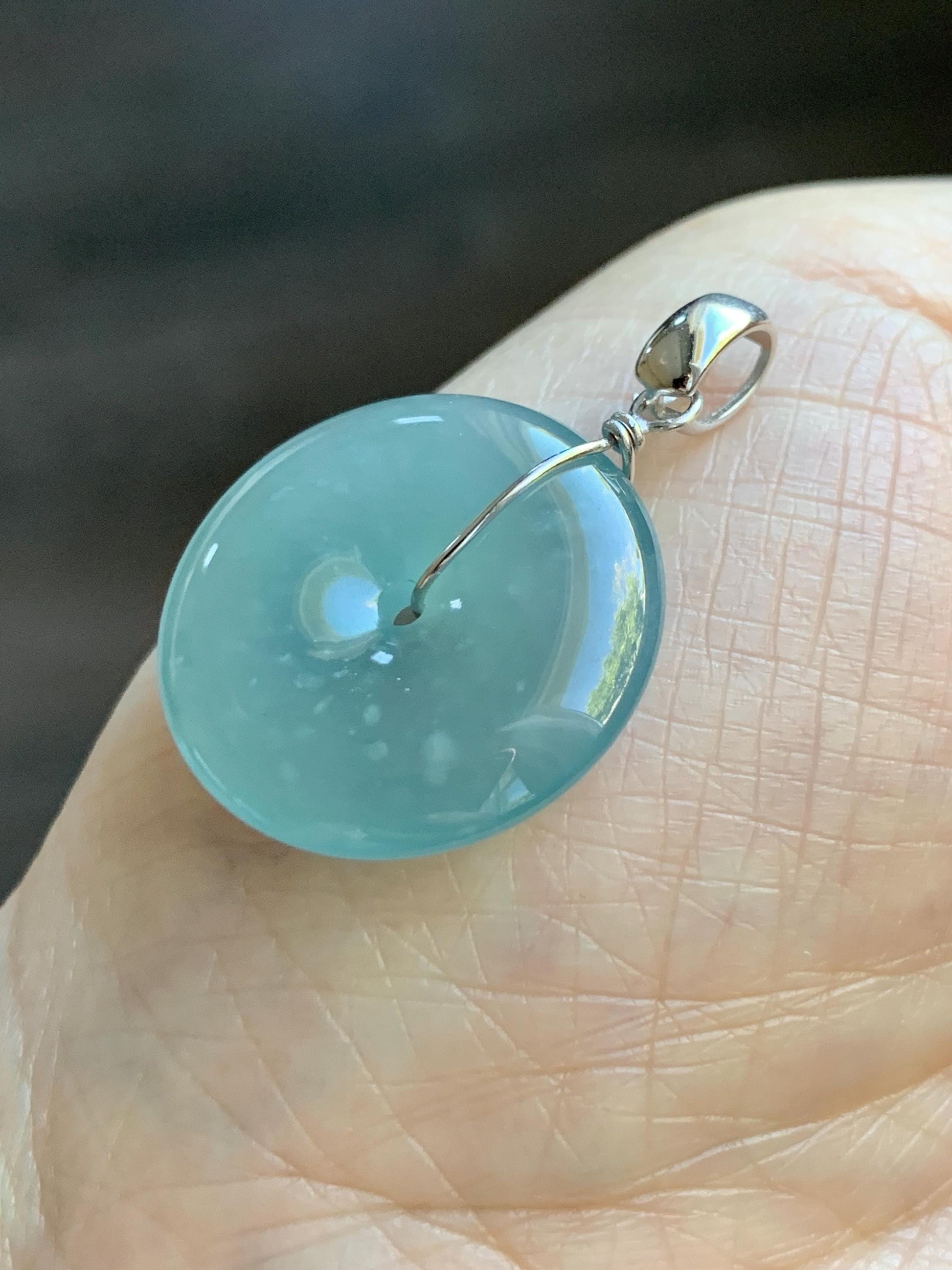 Certified Natural Grade A Guatemalan Icy Highly Translucent Teal Jade Jadeite Ping An Kou Donut Pendant Sterling Silver 天然冰危蓝翡翠平安扣吊坠 1121